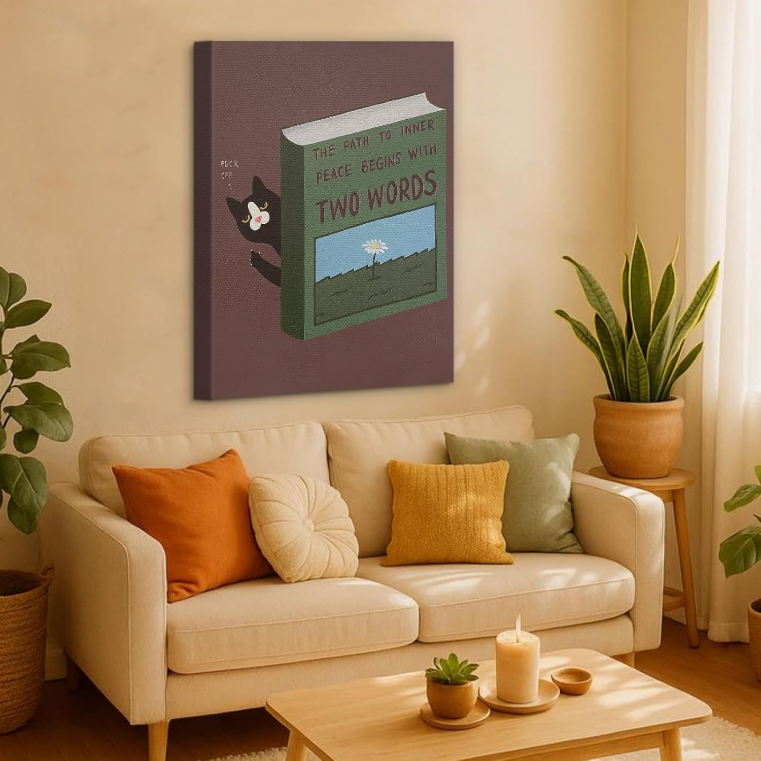 Craftline - Funny Black Cat Book Canvas Wall Art, The Path to Inner Peace Begins With Tow Words Quote Print Poster Pet Animal Cartoon Picture Wall Decor for Pet Shop Living Rooms Bedrooms 16"x24"