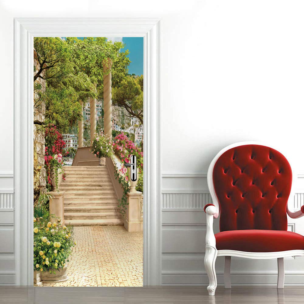 Sticker porte trompe l'oeil 3D en PVC 95x215 cm pour decoration murale de salon
