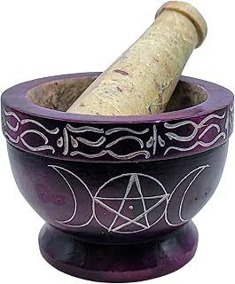 New Age Source Soapstone Mortar & Pestel-Purple-Triple Moon Pentacle