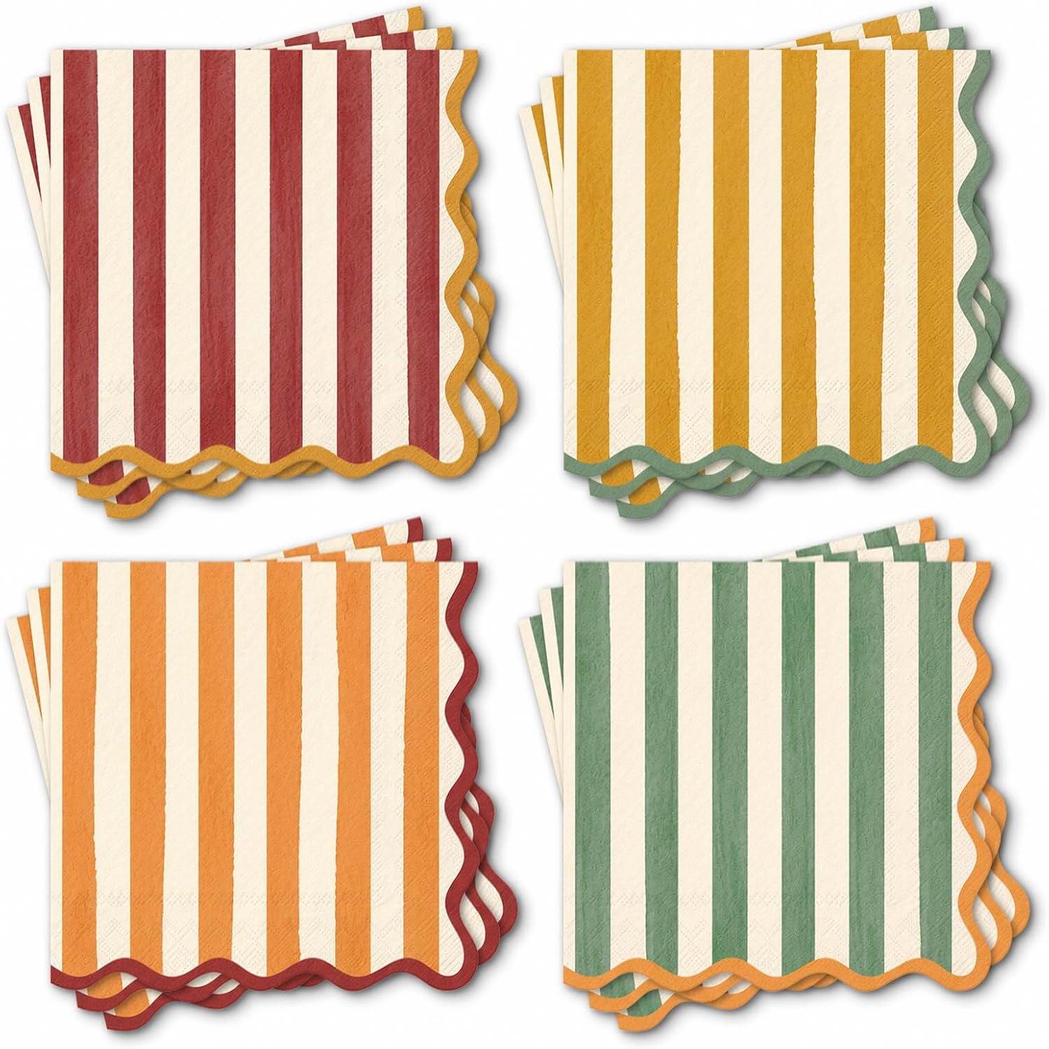 Whaline 100Pcs Fall Cocktail Napkin, Vintage Striped, Scalloped
