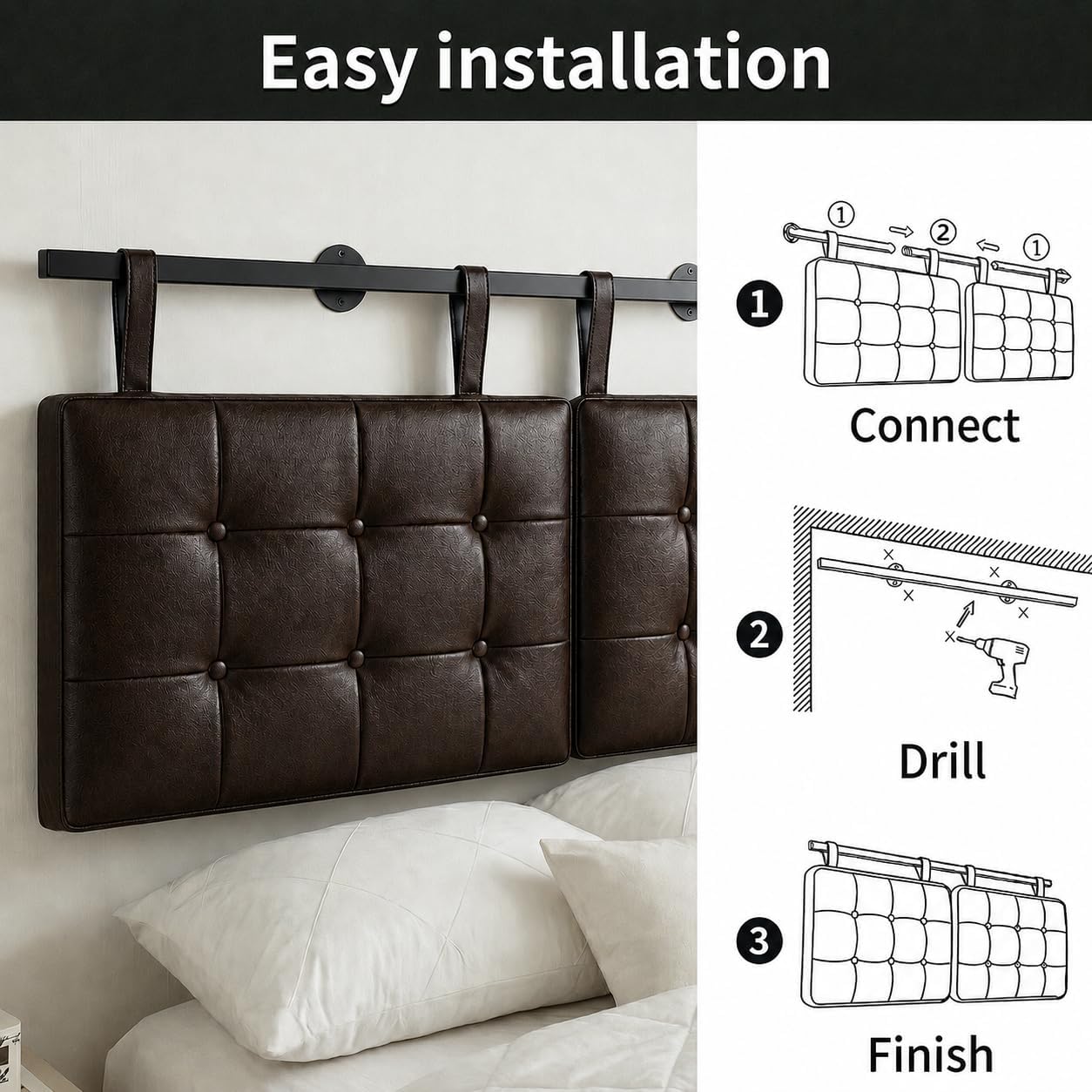 Queen Headboard only, Wall Mounted Headboard for Adjustable Bed, Hanging Head Board for Queen Size Bed Button Tufted Upholstered Headboard Cabeceras De Cama for Bedroom, Dorm, Dark Brown Faux Leather