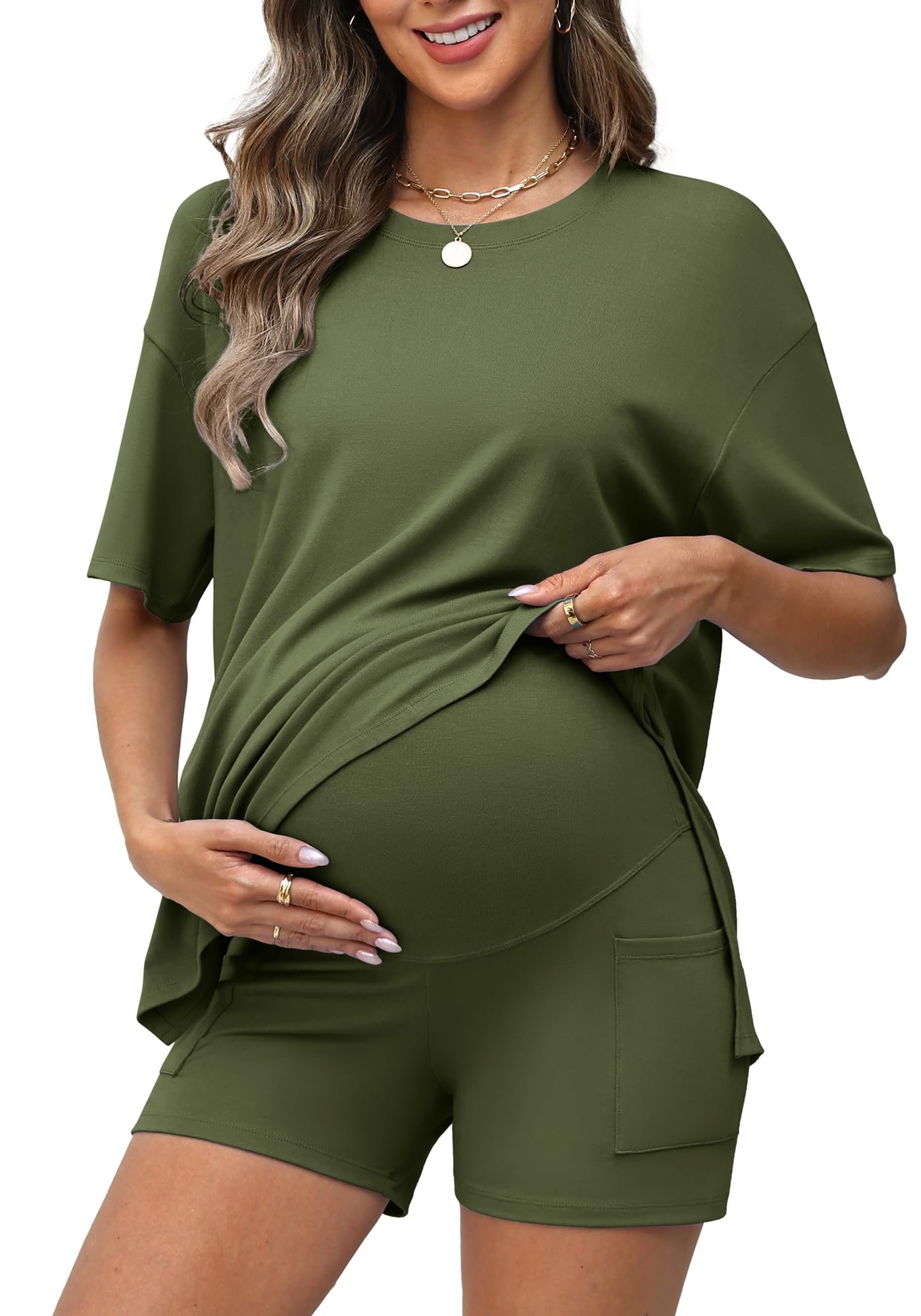 2 Piece Short Set for Women 2026 Summer Holiday Outfits Casual Maternity Lounge Set with Pockets-image-40