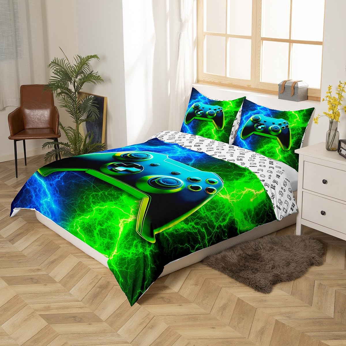 Modern Gamer Duvet Cover Set Single Size, Blue-Green Lightning Gamepad Comforter Cover with 1 Pillowcase, Video Games Bedding Set 2pcs for Kids Boy Room Decor Gaming Reversible Bedspread Cover - Image 2