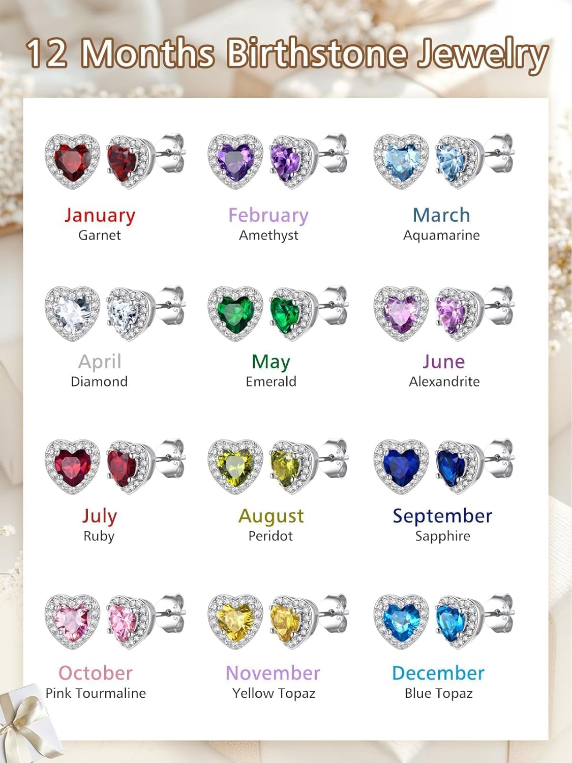 FindChic Birthstone Earrings for Women, Round/Heart/Square/Teardrop Earrings with 925 Sterling Silver Posts & Push Backs, Hypoallergenic Studs with Cubic Zirconia, 12 Months Jewelry with Gift Box - Image 7