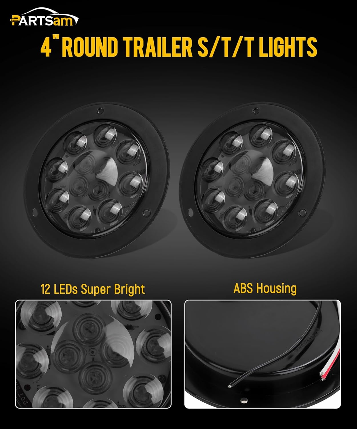 Partsam 2Pcs 4 Inch Round Red LED Trailer Tail Lights Flange Mount Smoke Lens - 12 RED LED Turn Stop Brake Trailer Lights Waterproof for RV Trucks