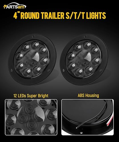 Miniatura 2 de Partsam 2 luces traseras redondas de 4.0 in de color rojo, para remolque, con montura de brida, lentes de humo, 12 luces LED rojas, resistentes al