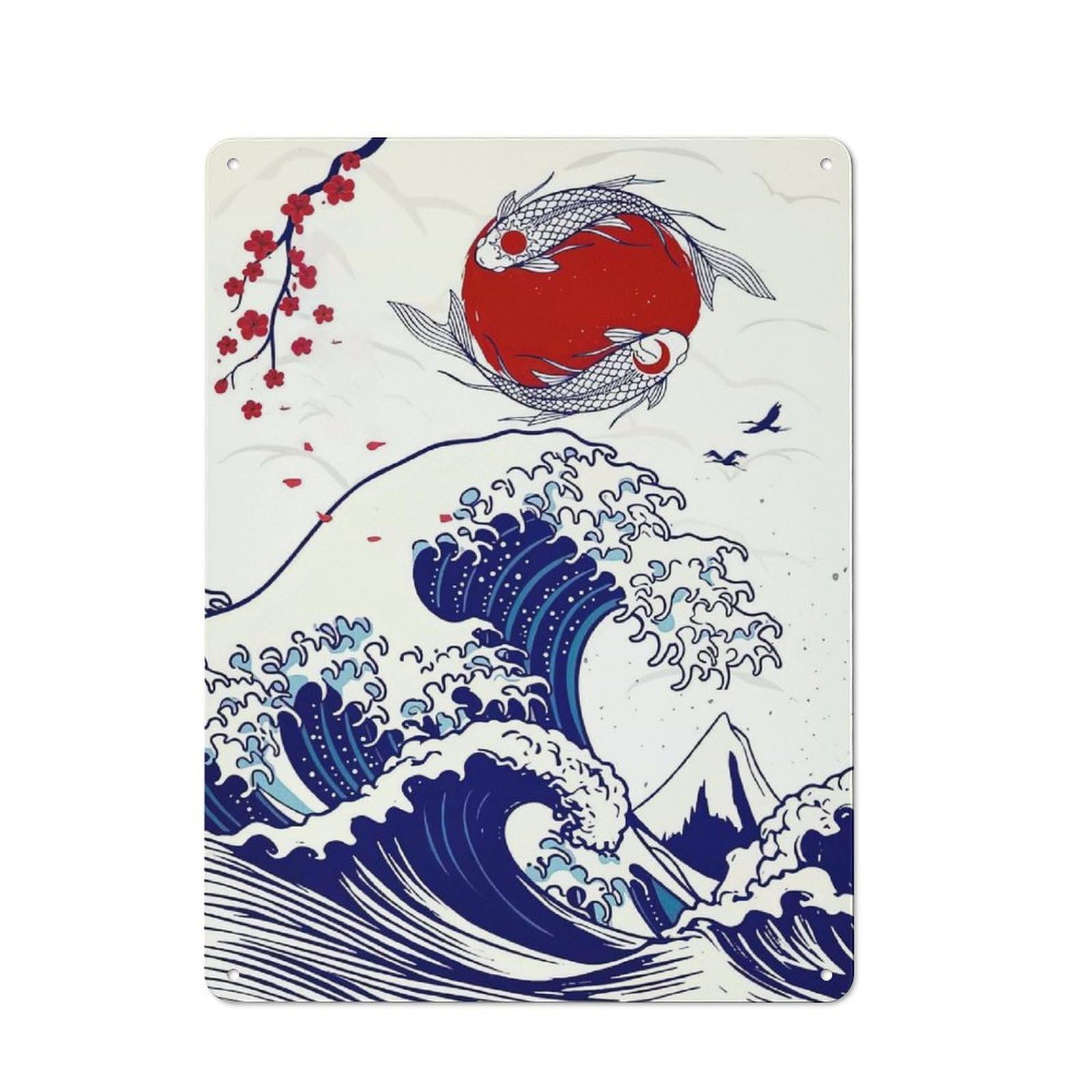 Metal Sign 40x30cm with Japanese Koi Wave Sun for Pub Or Café, Vintage Decor, for Metal Sign Collectors, for Garage And Workshop Walls