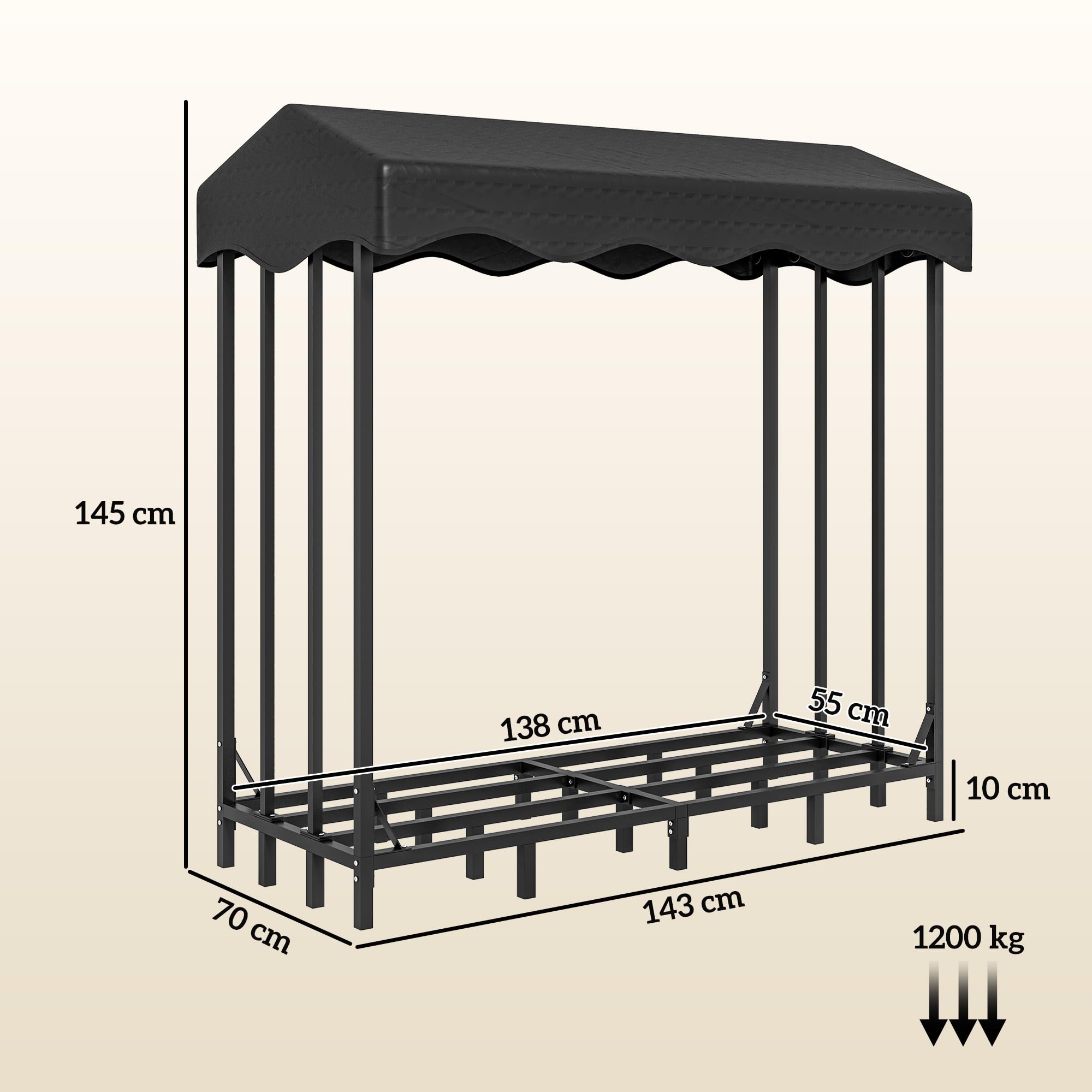 Outsunny Soporte para Leña con Cubierta 143x70x145 cm Leñera de Exterior Estante de Leña de Metal con Estructura Reforzada Impermeable Carga 1200 kg para Interior y Exterior Negro