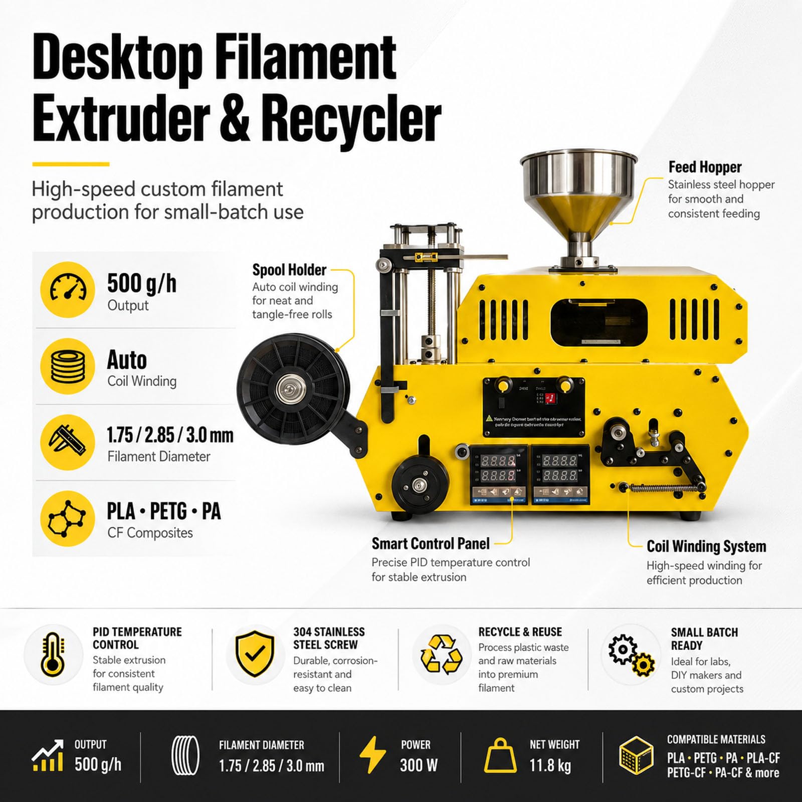 Máquina Recicladora De Filamento para Impresoras 3D De Alta Precisión, Extrusora, Bobinado Auto 500g/h para PLA-CF PETG-CF PA-CF 1,75/2,85/3,0mm