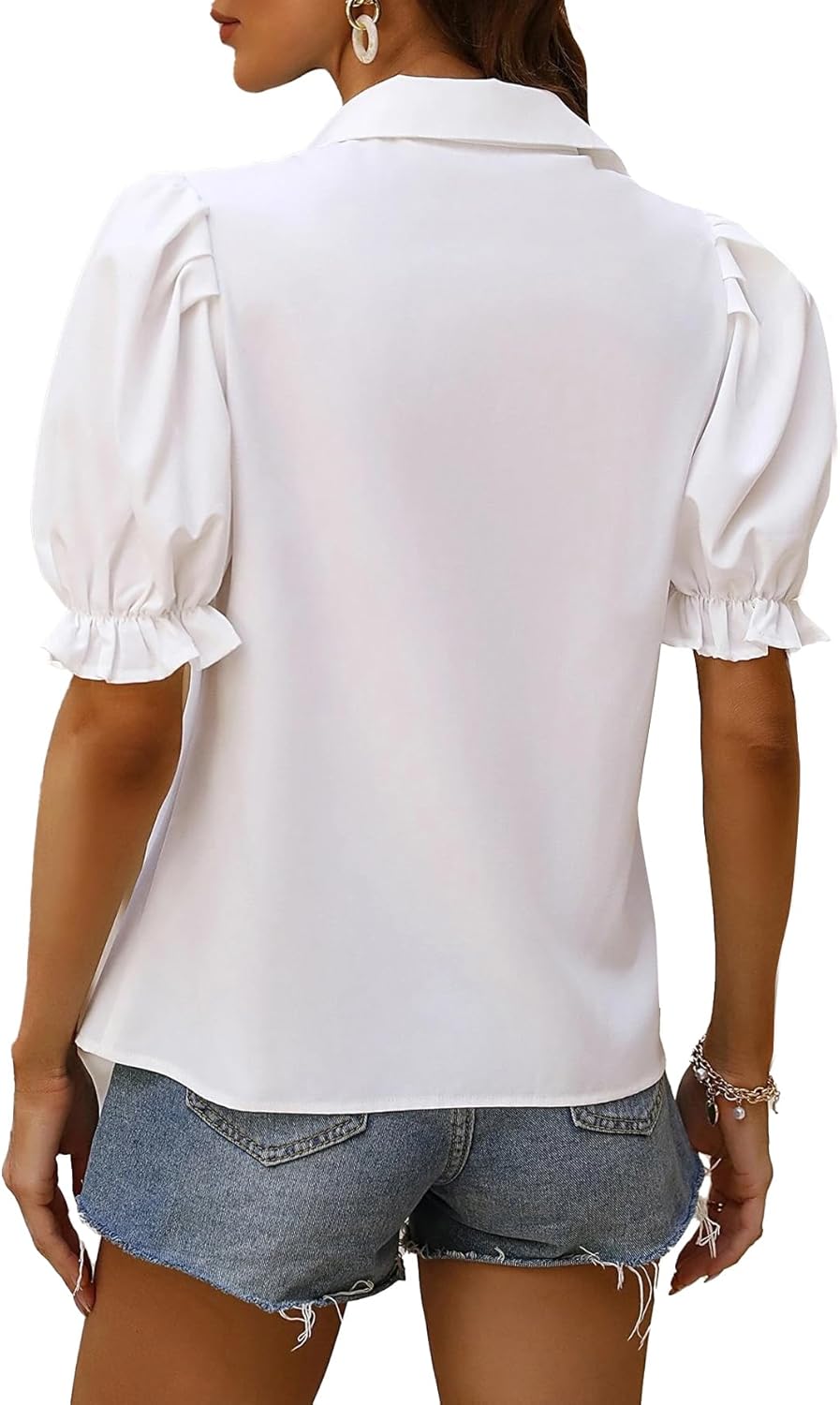 Vrtige Women's Button Down Collar V Neck Ruffle Puff Short Sleeve Blouse Shirt Top - Image 2