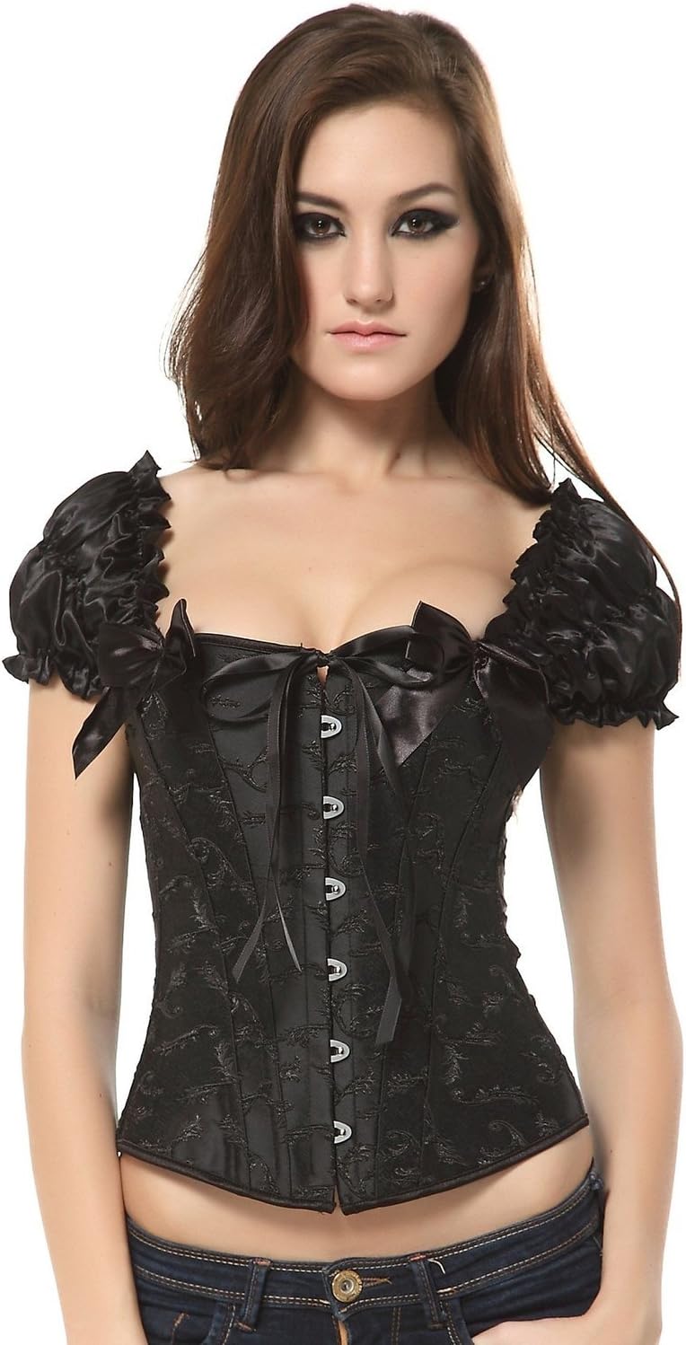 Ivy Shi Women's Overbust Corset Top with Ruched Sleeves Black Medium