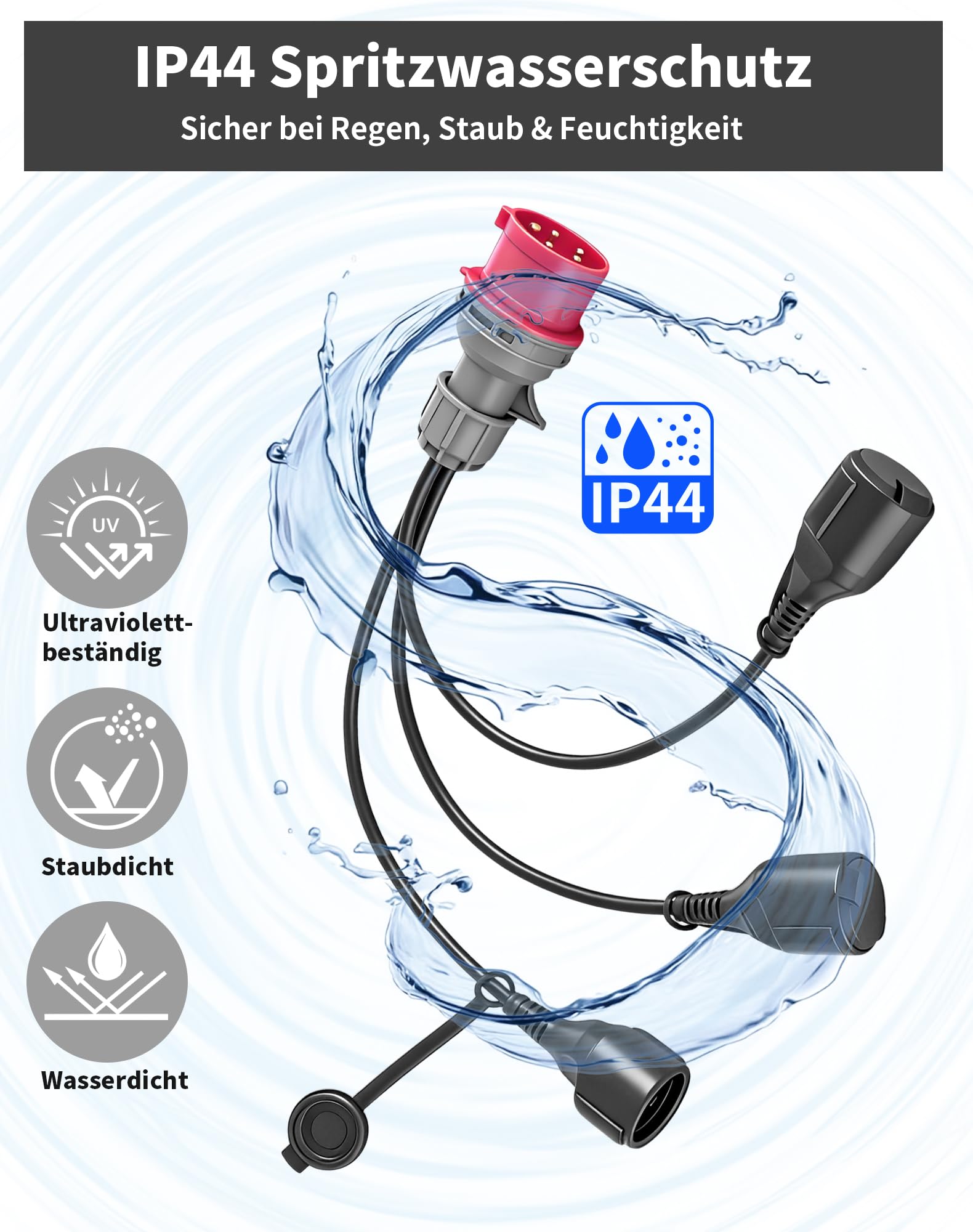 Adaptateur CEE 16A 400V vers 230V 3 Prises Schuko, Répartiteur CEE 5 Broches avec Câble 50 cm H05VV-F IP44, Convertisseur Prise CEE vers 3 Sorties 230V pour Chantier Camping Atelier Caravan