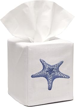 Jacaranda Living Square Tissue Box Cover, Linen/Cotton Fabric Tissue Holder, Decorative Cloth Tissue Cube Cover, Coastal Designs Morning Starfish Blue
