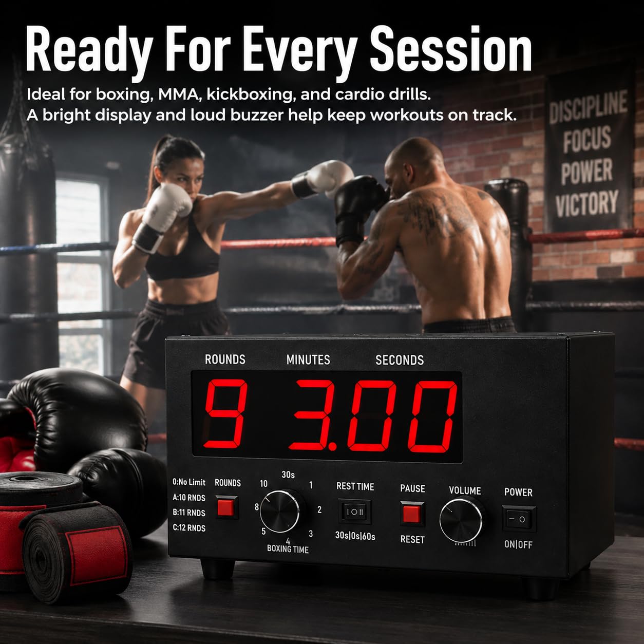 Timer intervallo di boxe portatile, 1-12 o round illimitati | Display a LED timer intervallo palestra, conto alla rovescia e avvisi cicalino, boxe e MMA(red)