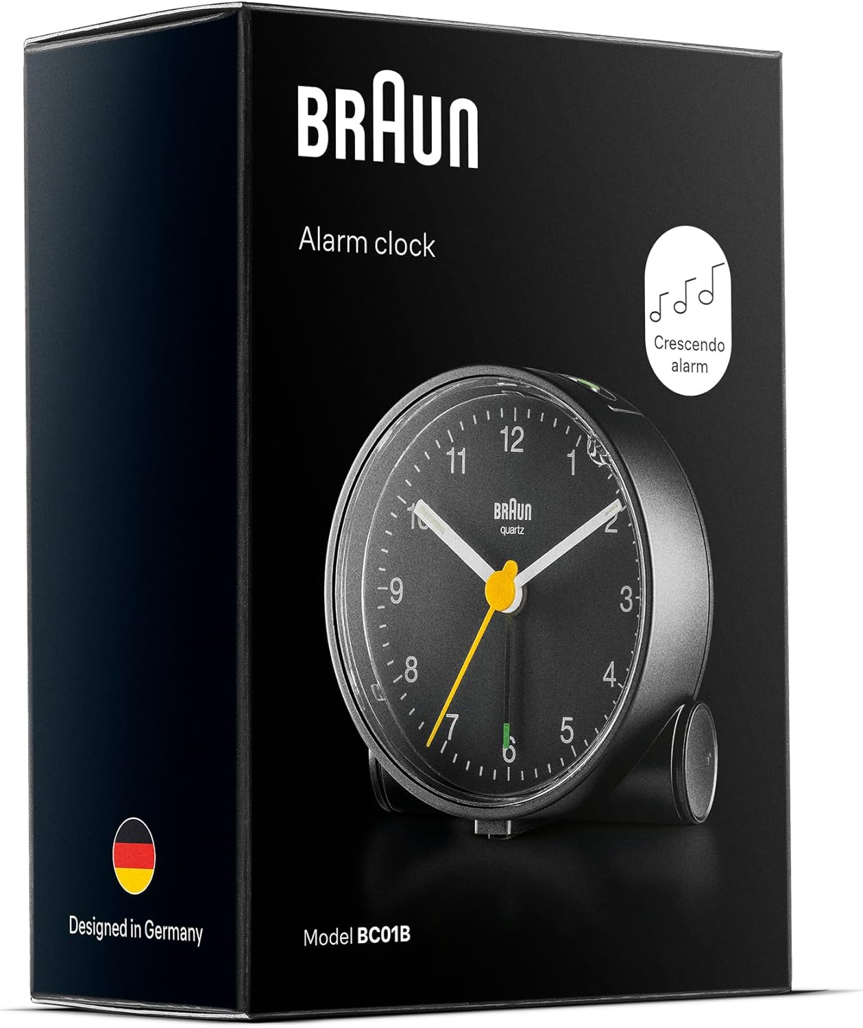 Braun Classic Analogue Alarm Clock with Snooze and Light, Quiet Quartz Movement, Crescendo Beep Alarm in Black, Model BC01B.