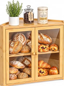 Corner Bread Box for Kitchen Countertop, Double Layer Bamboo Bread Bin with Clear Windows and Double Doors, Wooden Bread Storage Container for Bread, Snacks, Natural