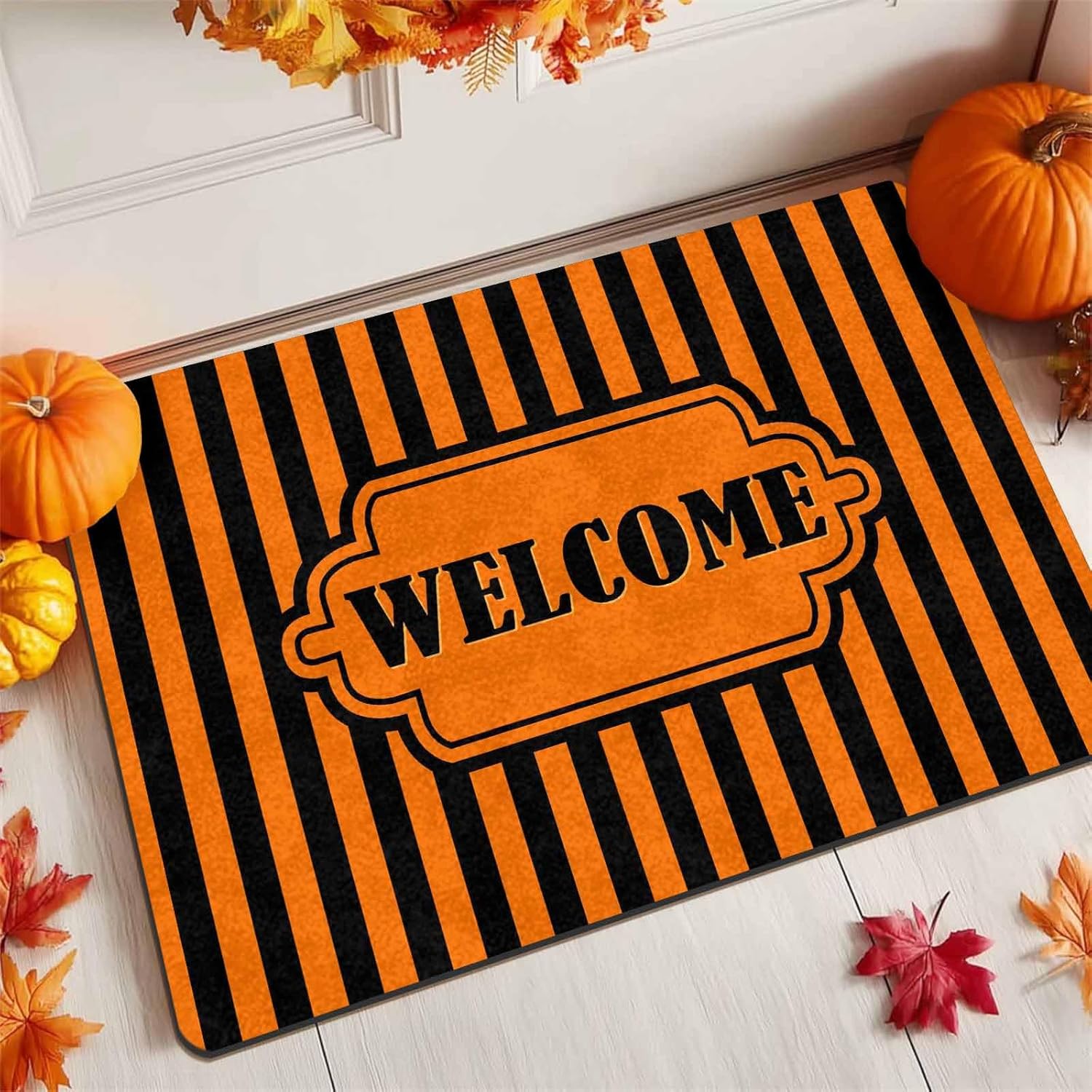 Striped Black and Orange Rug Outdoor,Cute Welcome Door Mat for Front Door,Welcome Doormat for Indoor,Outdoor,Bathroom,Kitchen,Garage,Halloween&Thanksgiving Classic Home Decor,Entryway Rug 24 * 16 in