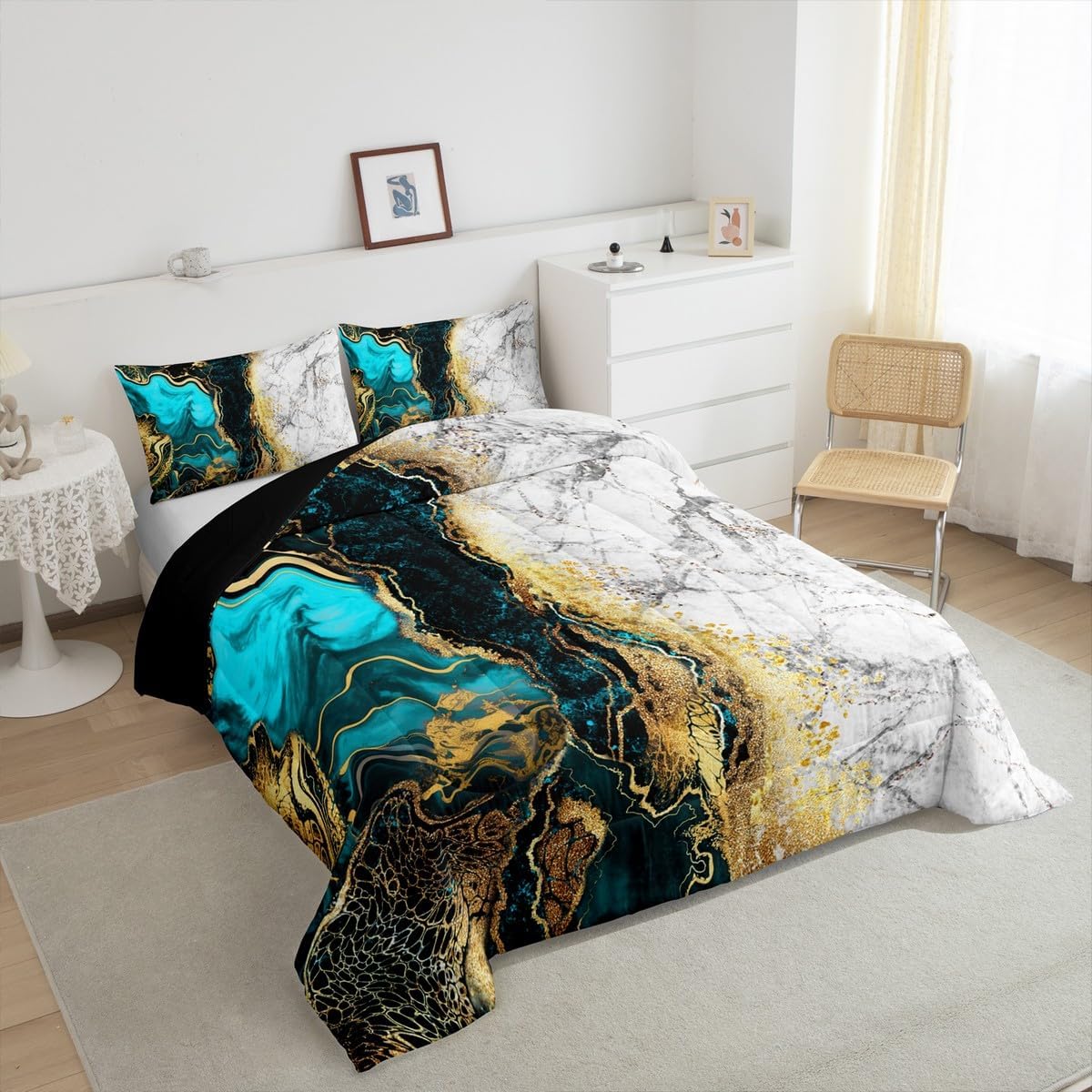 Erosebridal Teal Kids Comforter Sets Grey Abstract Marble Queen Bedding Set for Boys Girls Gold Metallic Sequin Marbling Comforter Set,Aesthetic Quilt Duvet 3 Pcs