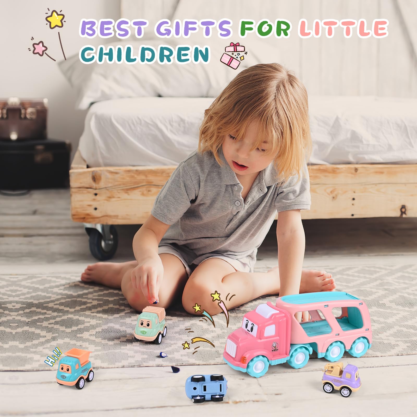 Weinsamkeit Jouet Camion avec Sons et Lumières, 5 en 1 Garage Voiture pour Enfants, Transporter Truck Cars Voiture Portable Bus Jouet Éducatifs Cadeau pour Enfants 3-5 Ans Garçons Filles