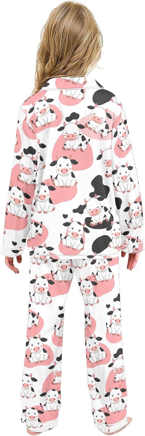 Kids Casual Satin Wear Set Cow with Pink and Black Spots Pattern Unisex Relaxed Fit Clothing