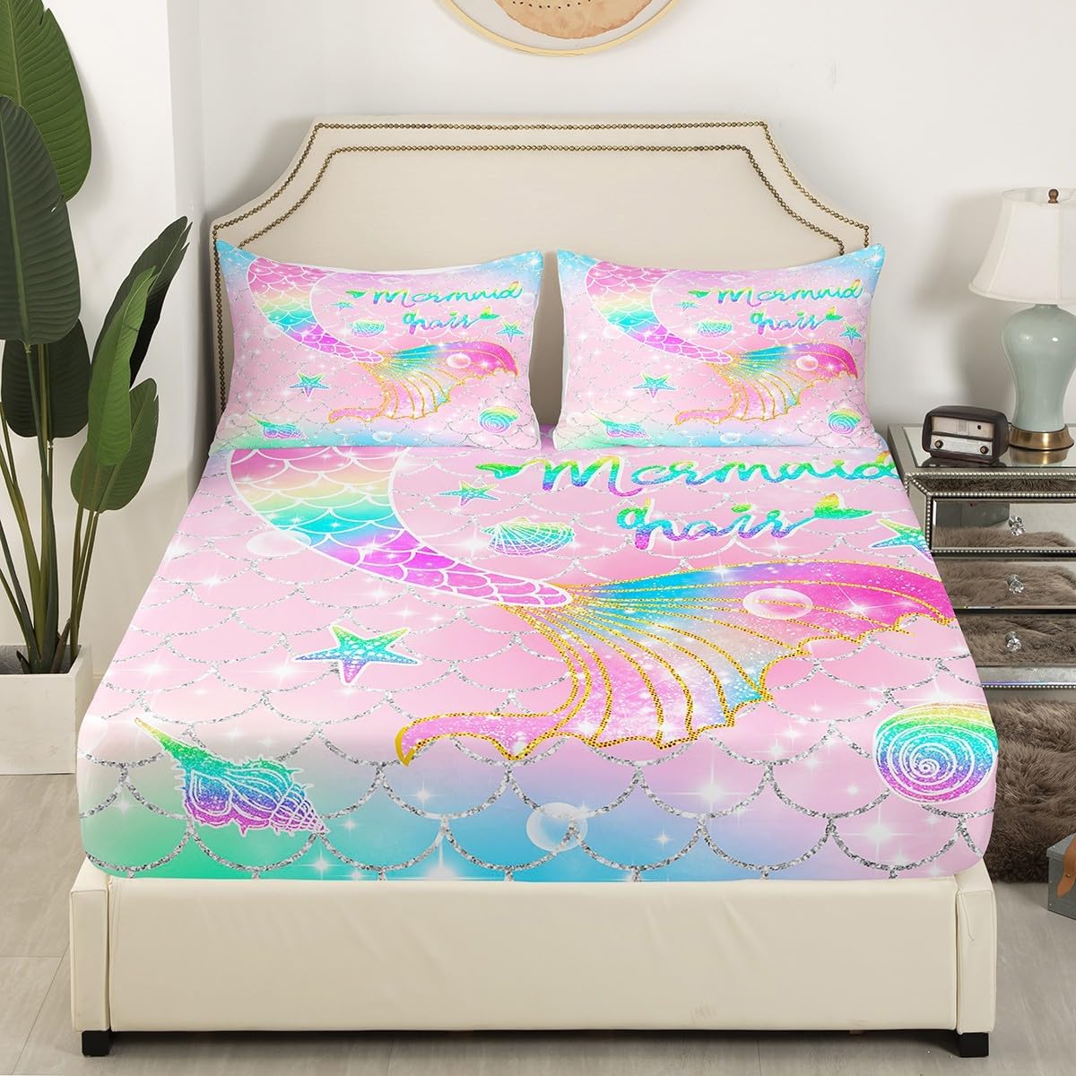 Feelyou Mermaid Bed Sheets Queen Size for Kids Girls Rainbow Pink Mermaid Tail Printed Bedding Set Cute Sheet Set Fish Scale Bedroom Glitter Decor All Season