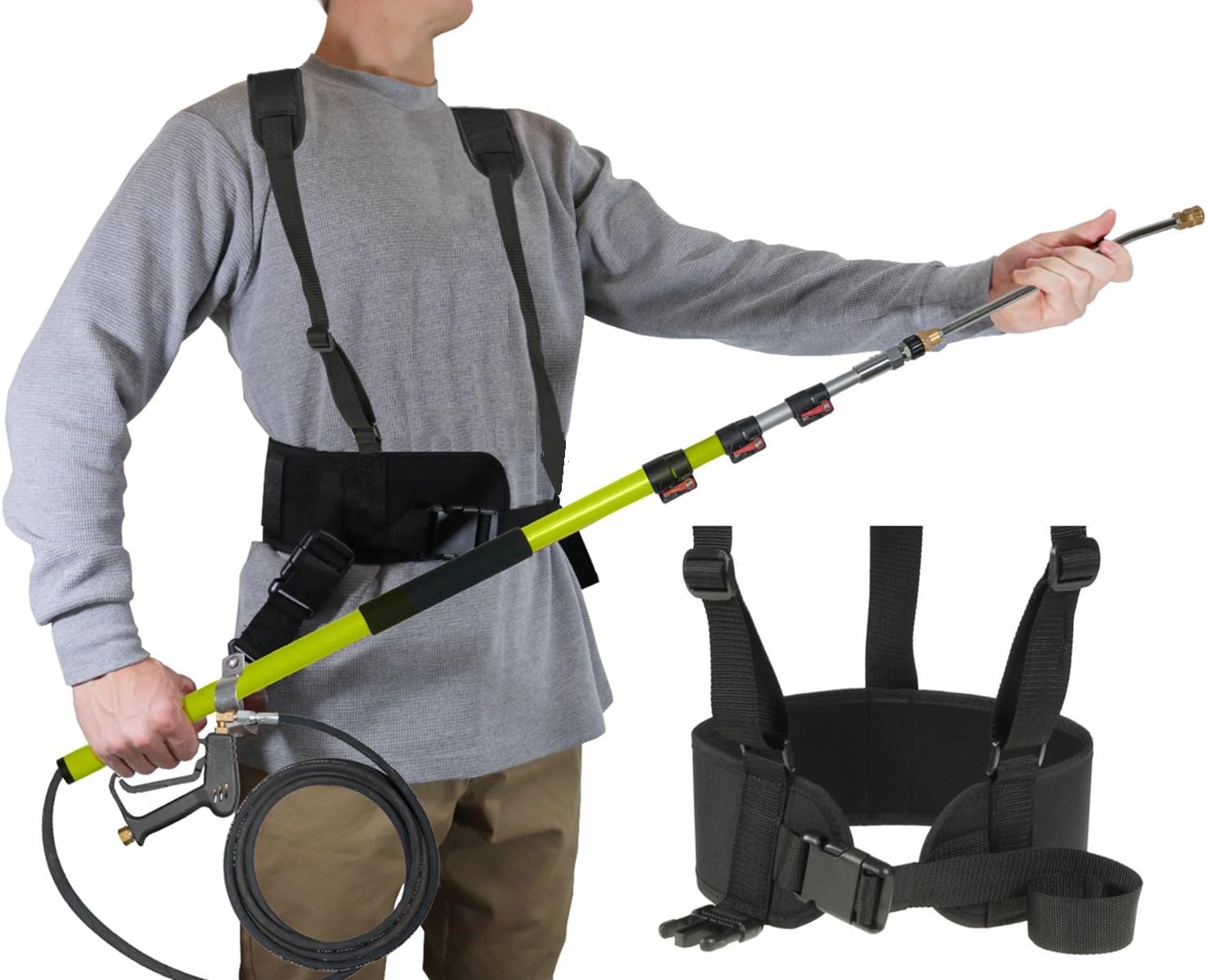 Backyard Accessories Pressure Washer Two Strap Belt – Telescoping Wand Support Harness – Reduce Strain & Fatigue During Washing – Works with General Pump, BE, MTM & Others (Charcoal)