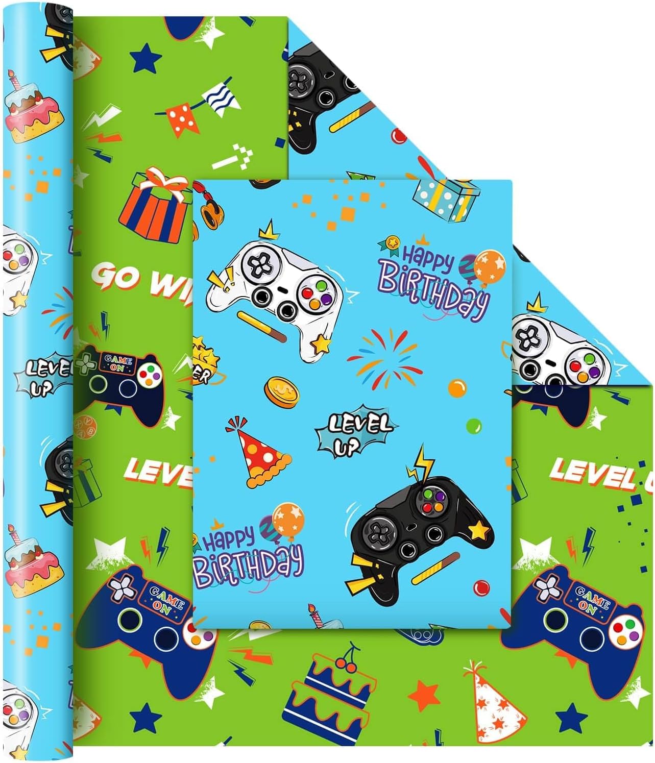 WERNNSAI Reversible Gaming Wrapping Paper 17” x 33 ft Birthday Gift Wrap