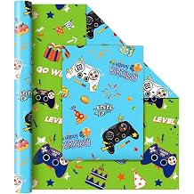 WERNNSAI Gamer Gift Wrapping Paper Roll - 1 Roll 17 x 33 ft Video Gaming Wrapping Paper Boy Birthday Wrapping Paper Green Wrap Supply for Kids Birthday Game Party Decor, Reversible