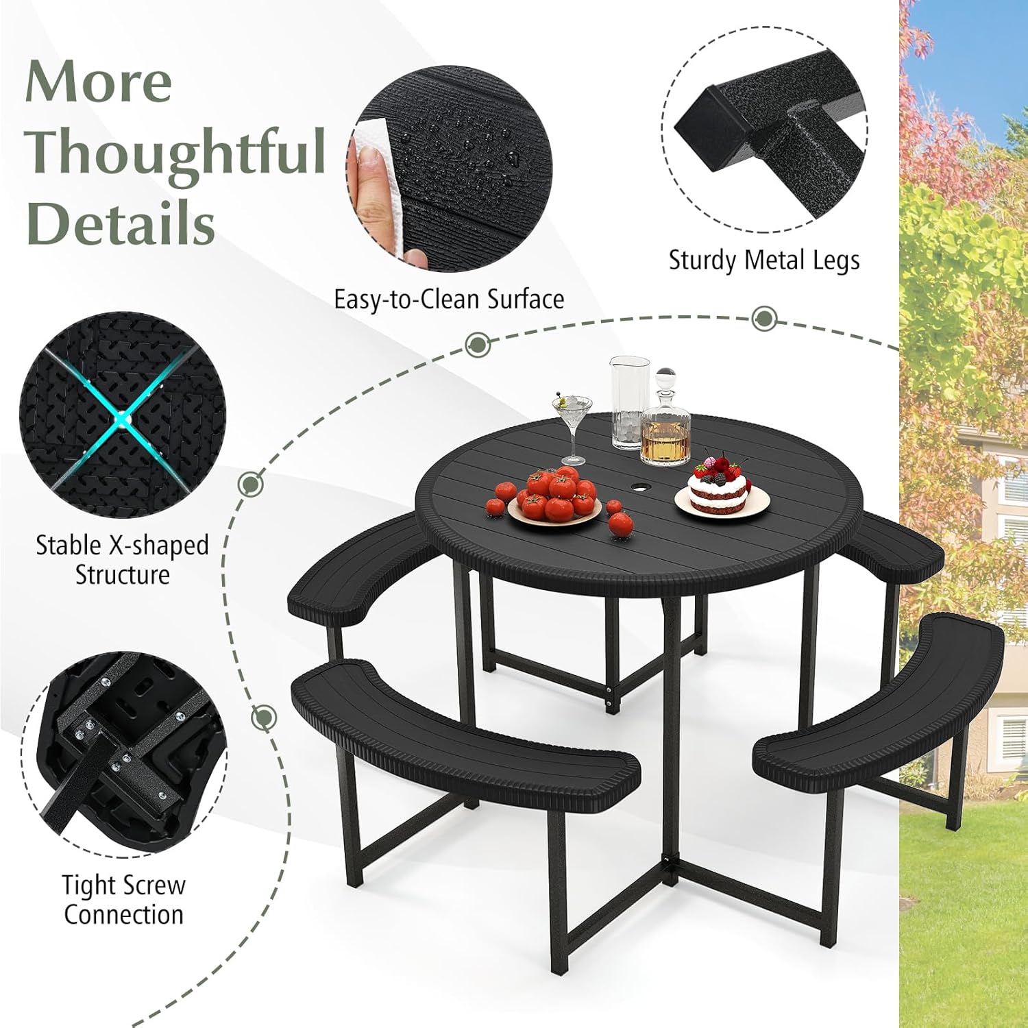 Giantex Picnic Table Bench Set for 4-8 Person, Round 37” Outdoor Dining Table w/Umbrella Hole, HDPE Tabletop, Metal Frame, Patio Furniture Set for Backyard Porch Lawn, 1400lb Capacity (Black,Round)