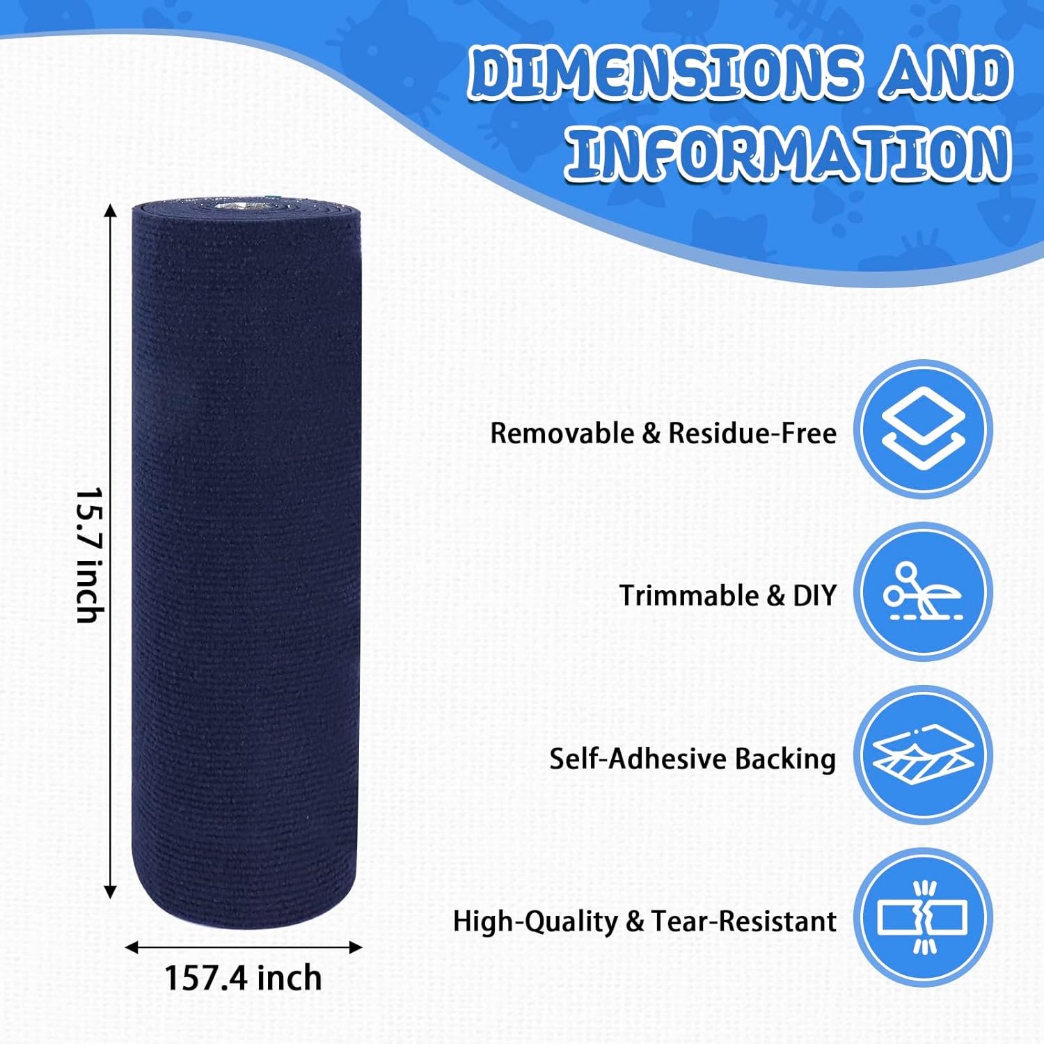 Climbing Cat Scratcher Mat Trimmable Cat Scratching Post Carpet 157.4’’x15.8’’ Self Adhesive Carpet Mat Pad Replacement for Cat Tree Shelves Post Couch Wall Furniture Steps DIY Protector (Dark Blue)