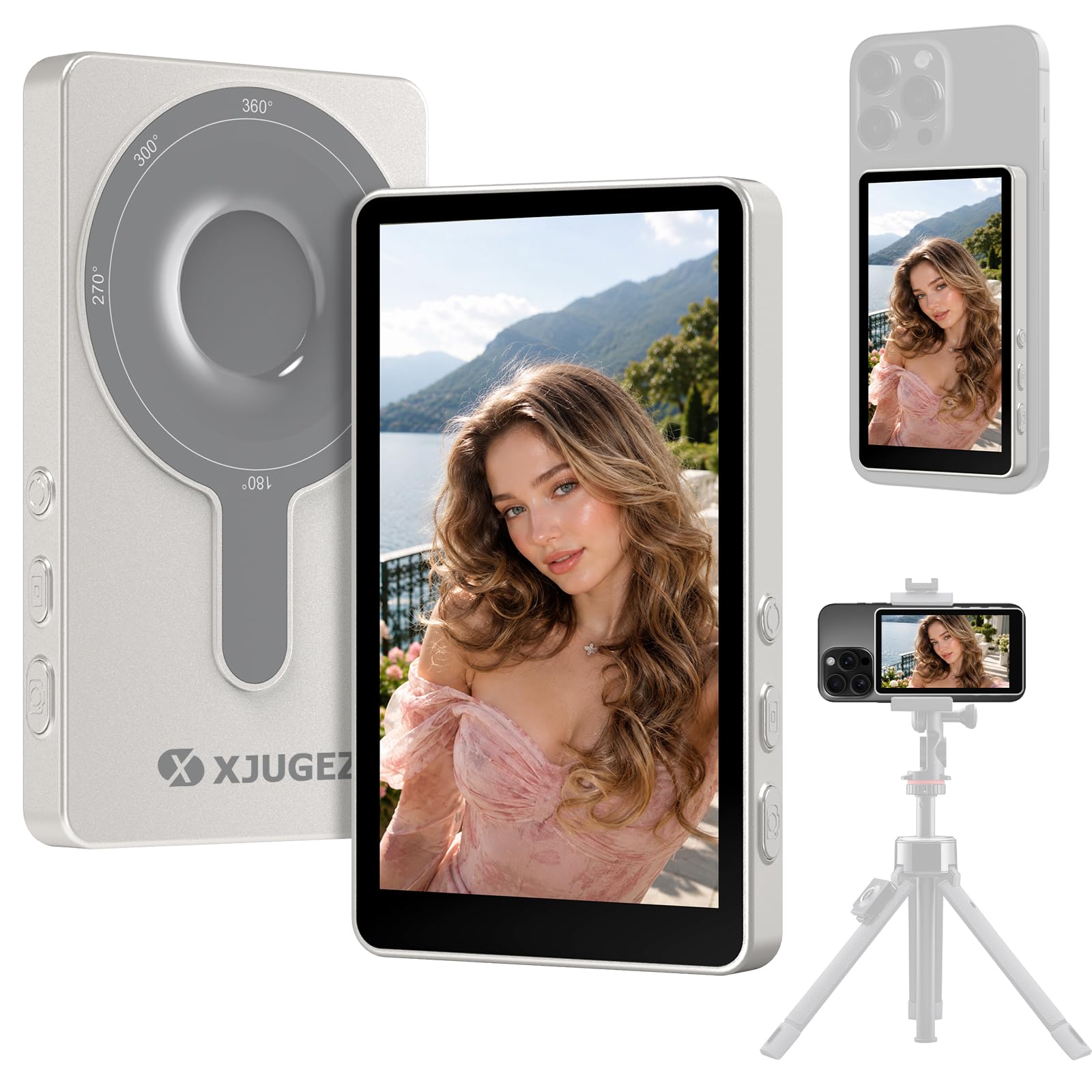 XJUGEZ Vlog Screen Handy:4K Magnetischer Selfie Monitor für Rückkamera,Spiegelung für iPhone&Androids(NICHT für Google Pixel),Bluetooth Fernbedienung,4.02" Display,3.5H Akku,Dual-Band WiFi,Type-C Port
