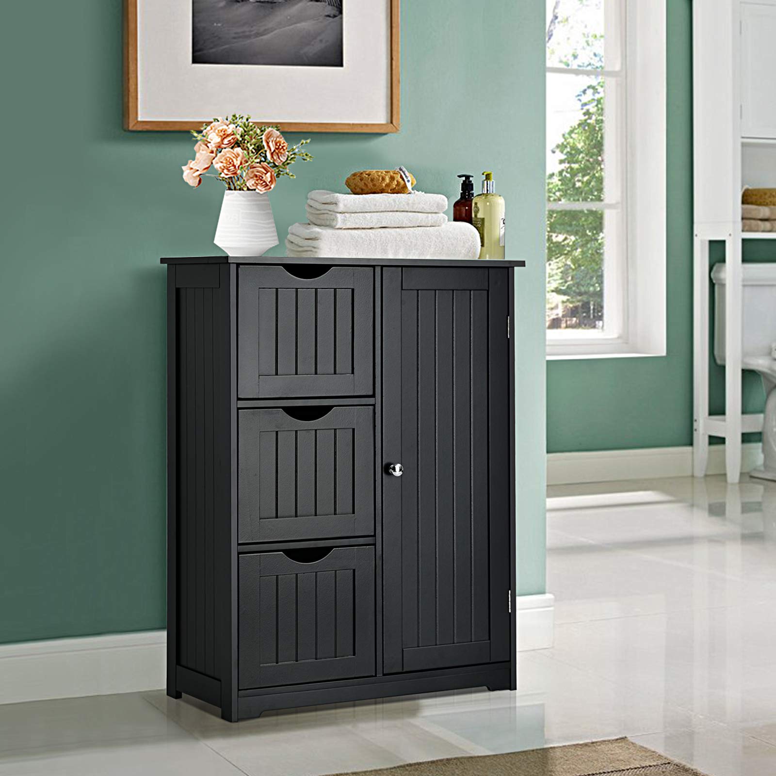 Giantex Bathroom Floor Cabinet, Wooden Storage Cabinet with 1 Door & 3 Drawer, Free Standing Entryway Cupboard, Space Saver Cabinet
