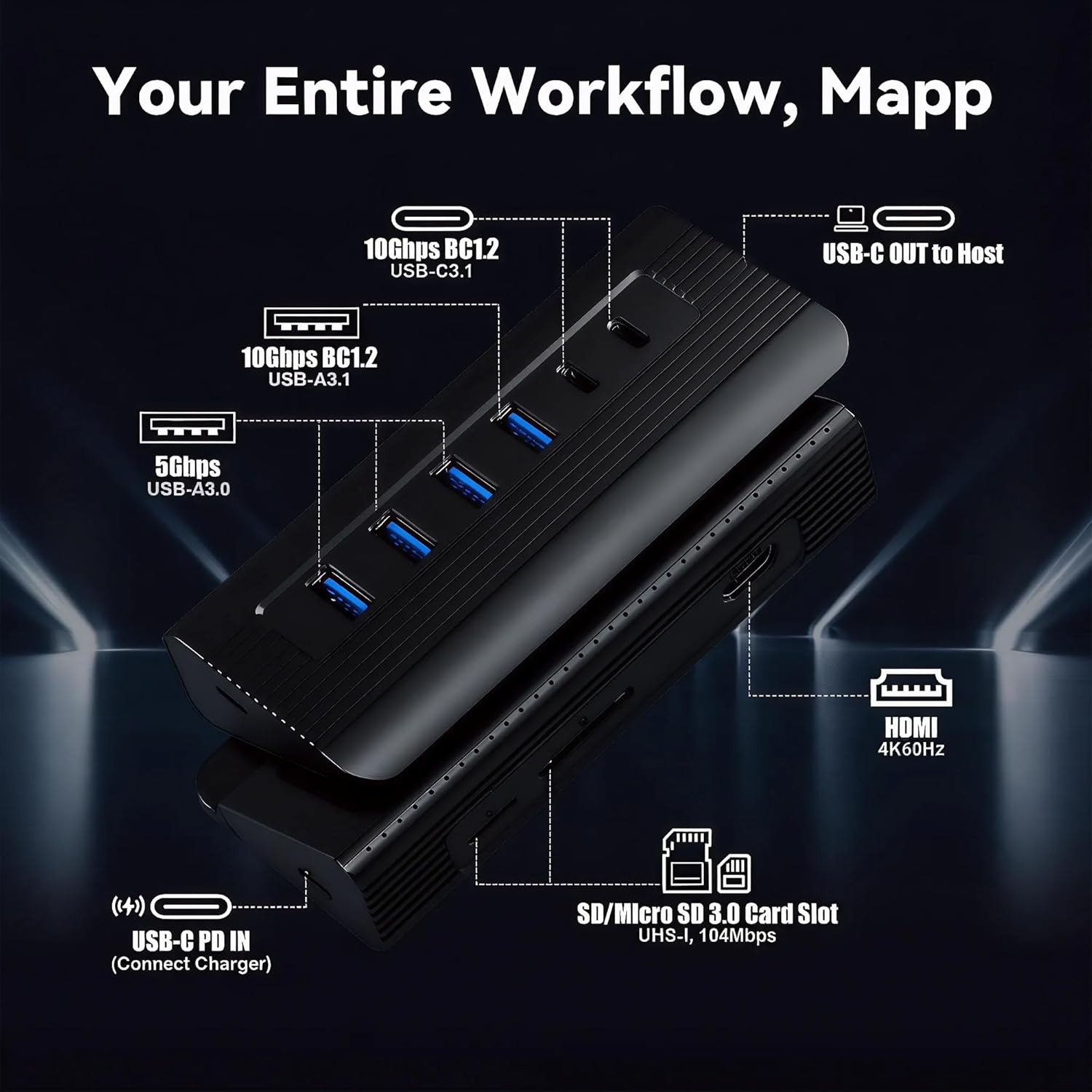 10-in-1 USB C Hub, 10Gbps USB 3.2 Gen 2 & 4K 60Hz HDMI Multiport Adapter | Docking Station with Detachable Cable, 100W Power Delivery, SD/TF for MacBook Pro/Air M4 M3, Dell XPS (Midnight) image 3 of 7 B0FDX97NHD