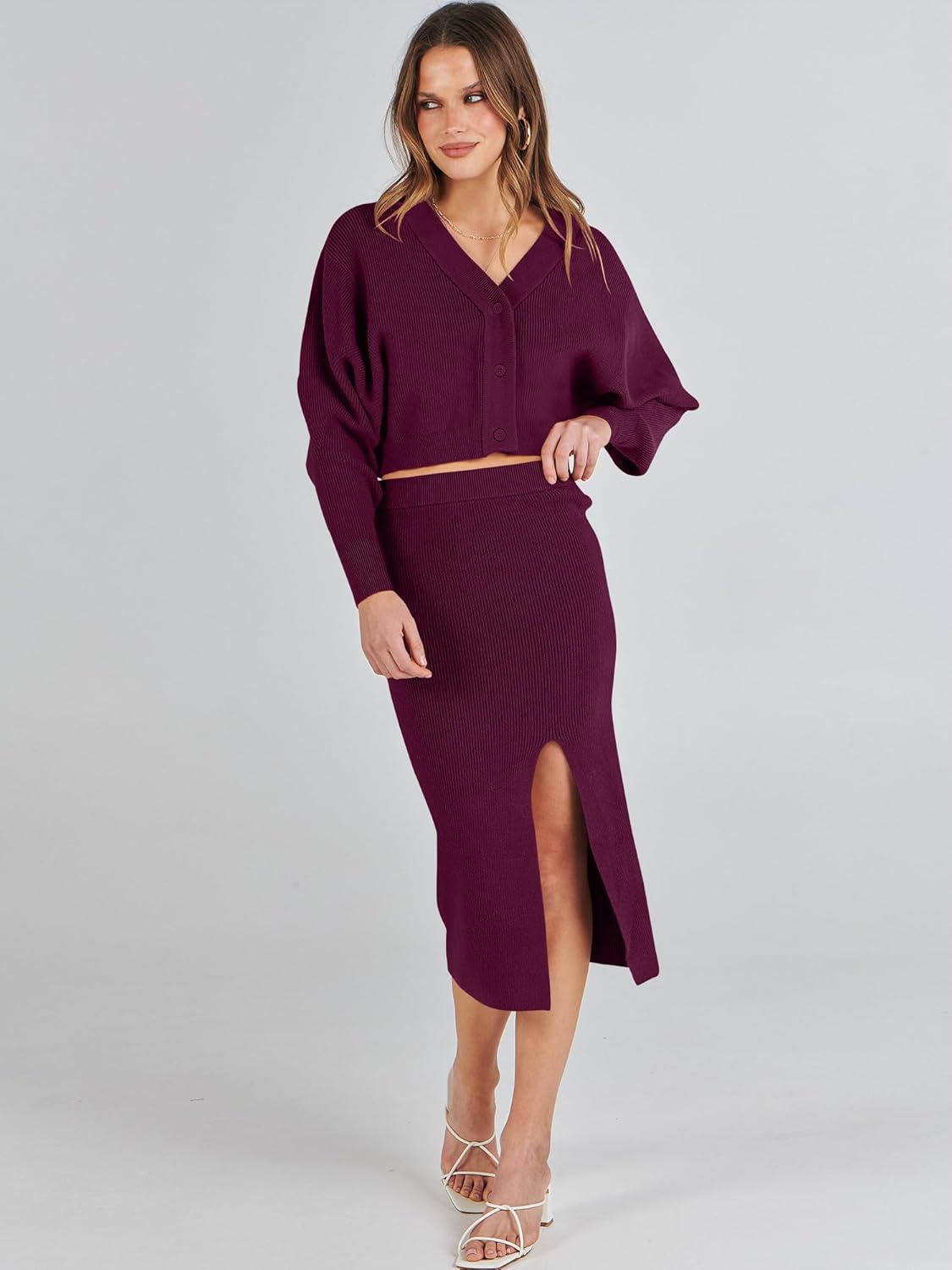 Miniatura 3 de Caracilia Conjunto de dos piezas para mujer, suéter de manga larga, parte superior de punto y falda bodycon con abertura lateral, vestido de otoño