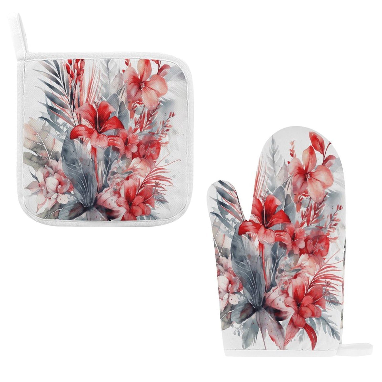 Fodpand Style Drawn Tropical Flowers Oven Mitts And Pot Holders Sets