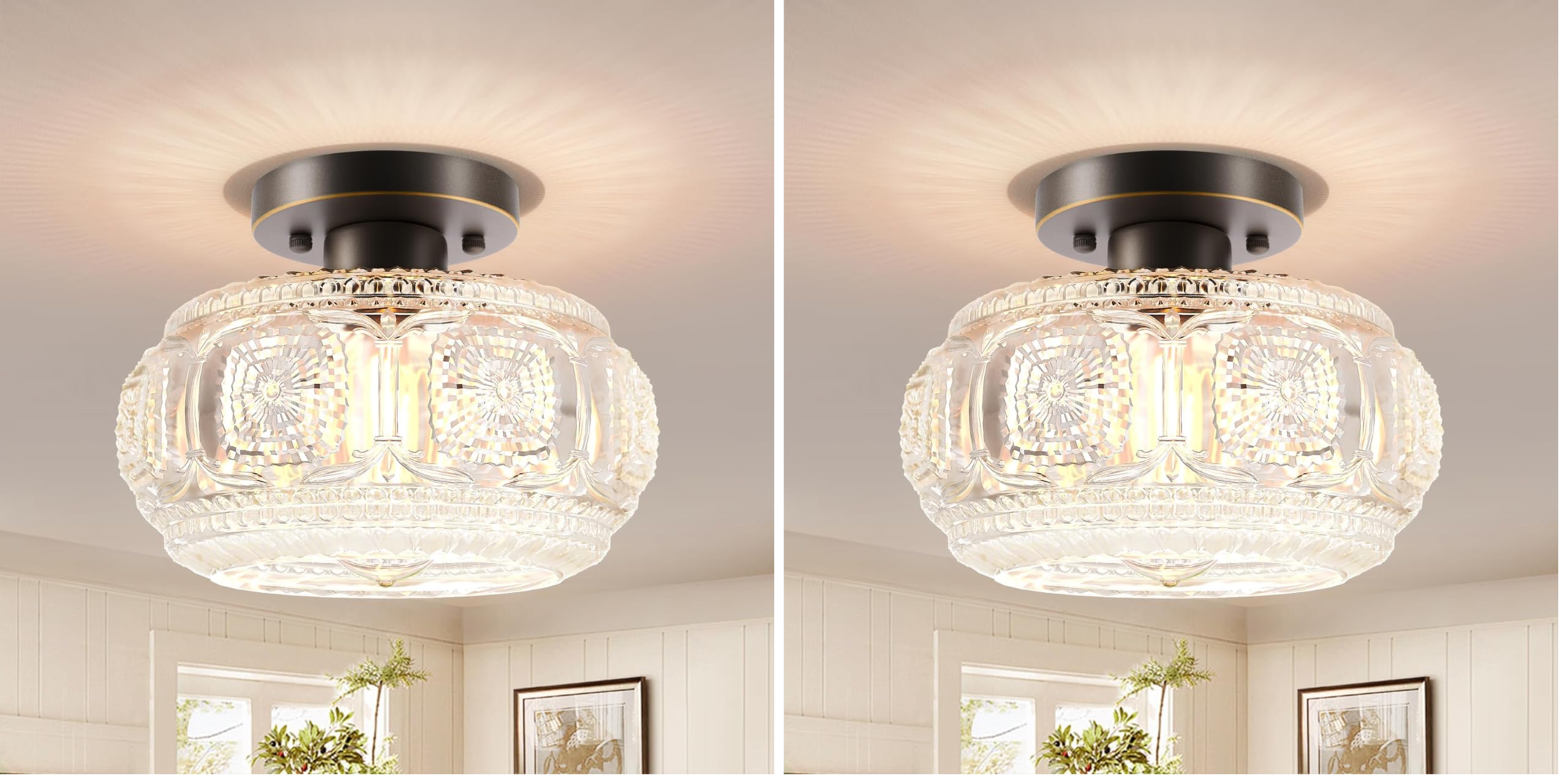 Semi Flush Mount Ceiling Light, Globe Glass Ceiling Light Fixture, Oil Rubbed Bronze with Gold Trim Modern Lighting for Hallway Bedroom Entryway Kitchen Porch, Bulb Not Included (Pack of 2)