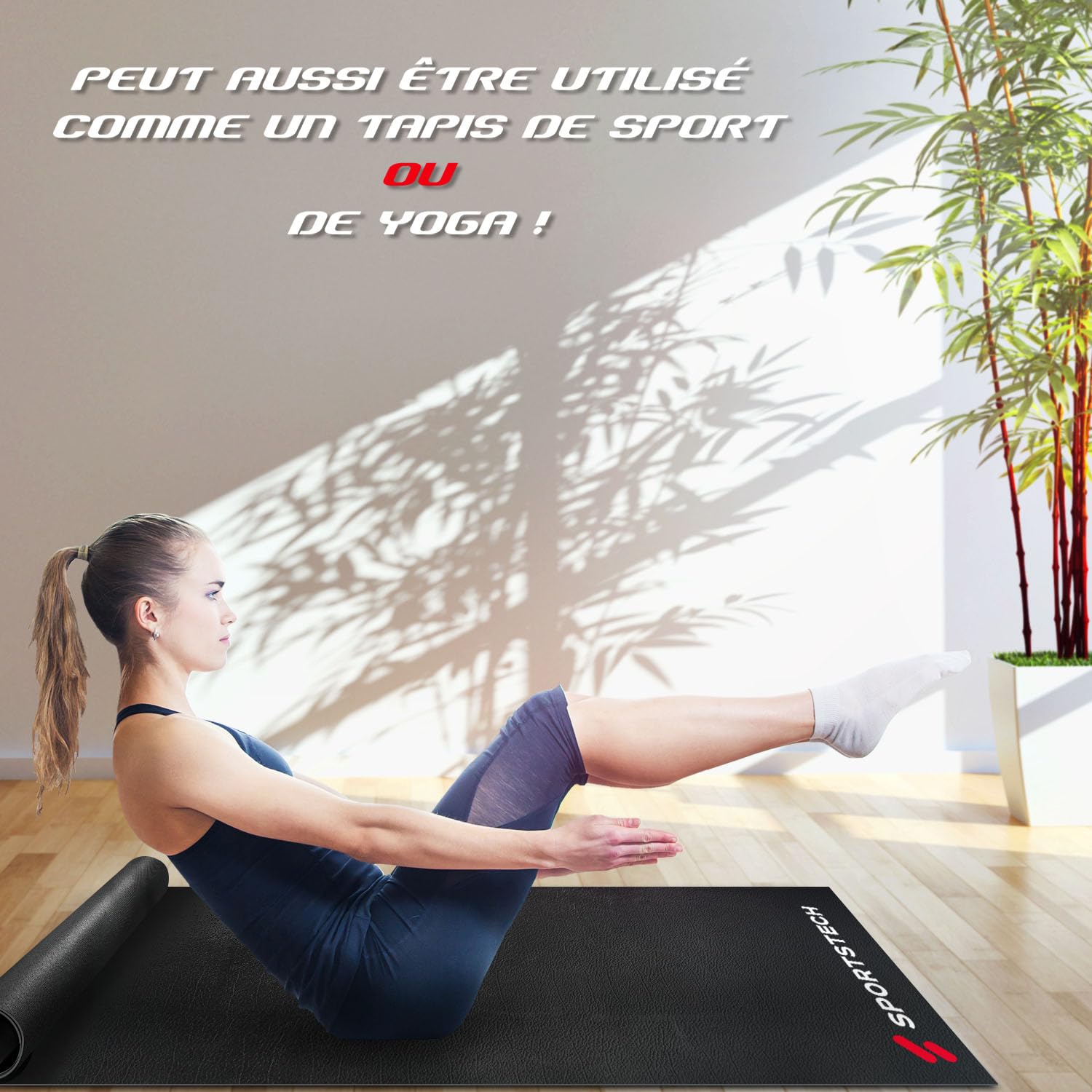 Tapis de sol pour vélo d'exercice physique de 4-6 mm- tapis multifonction sport, protecteur de plancher, tapis de fitness noir pour grande stabilité, anti-dérapant pour le yoga disponible en 4 tailles