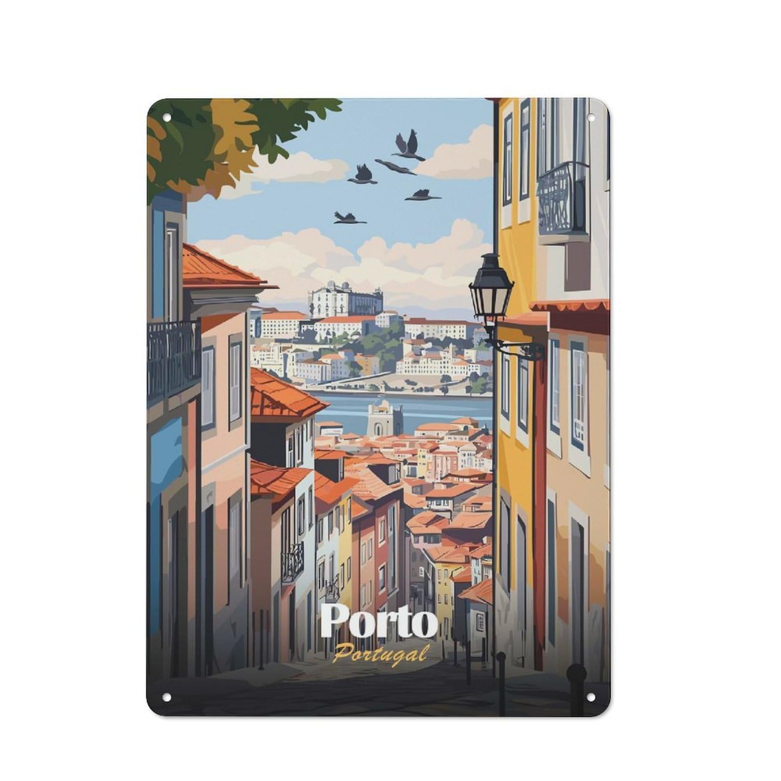 Junmoney Style-21 Tin Sign 40X30cm With Porto, Portugal Cityscape Illustration For Hallway Wall, Rustic Decor, For Vintage Wall Decor Fans, For Garage And Workshop Walls
