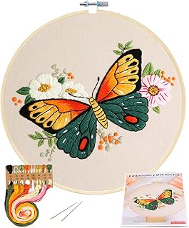 Embroidery Starter Kit with Pattern, Flowers Butterfly Stamped Embroidery Kit Including Embroidery Fabric, Bamboo Embroidery Hoop, Threads Needles, Hobbies for Women (Green)