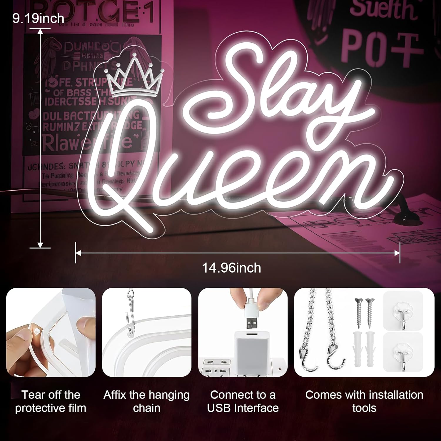 Slay Queen Neon Sign for Wall Decor, Adjustable LED Light Up Signs USB Powered White Neon Sign for Girl Women Birthday Valentines Christmas Bedroom Dorm Wall Art Decor