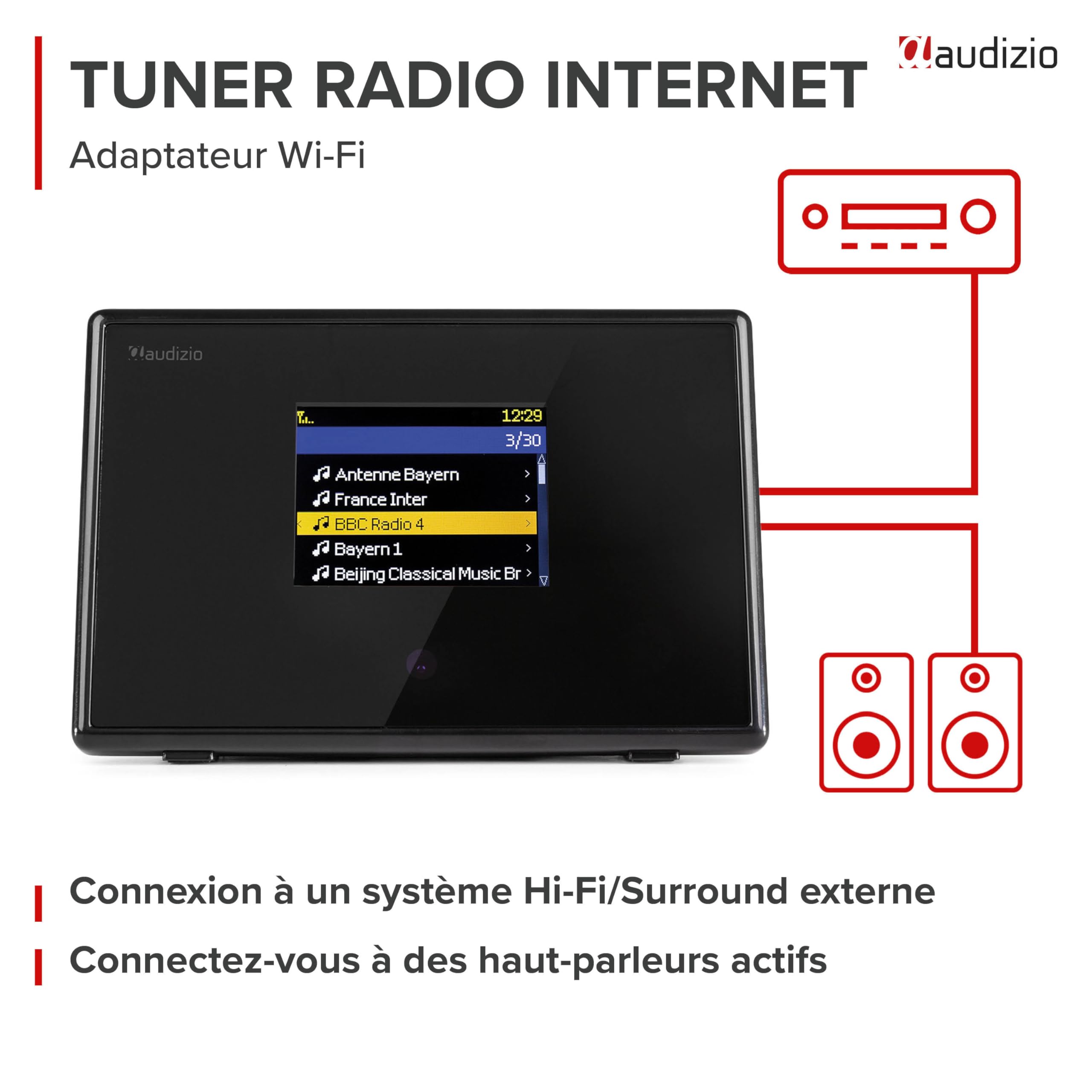 Audizio Turin Tuner Radio Internet WiFi avec Sortie BT sans Fil - Adaptateur Hi-FI pour Écouter la Radio sur Enceintes ou Casque BT - Radio Internet Maison Compacte