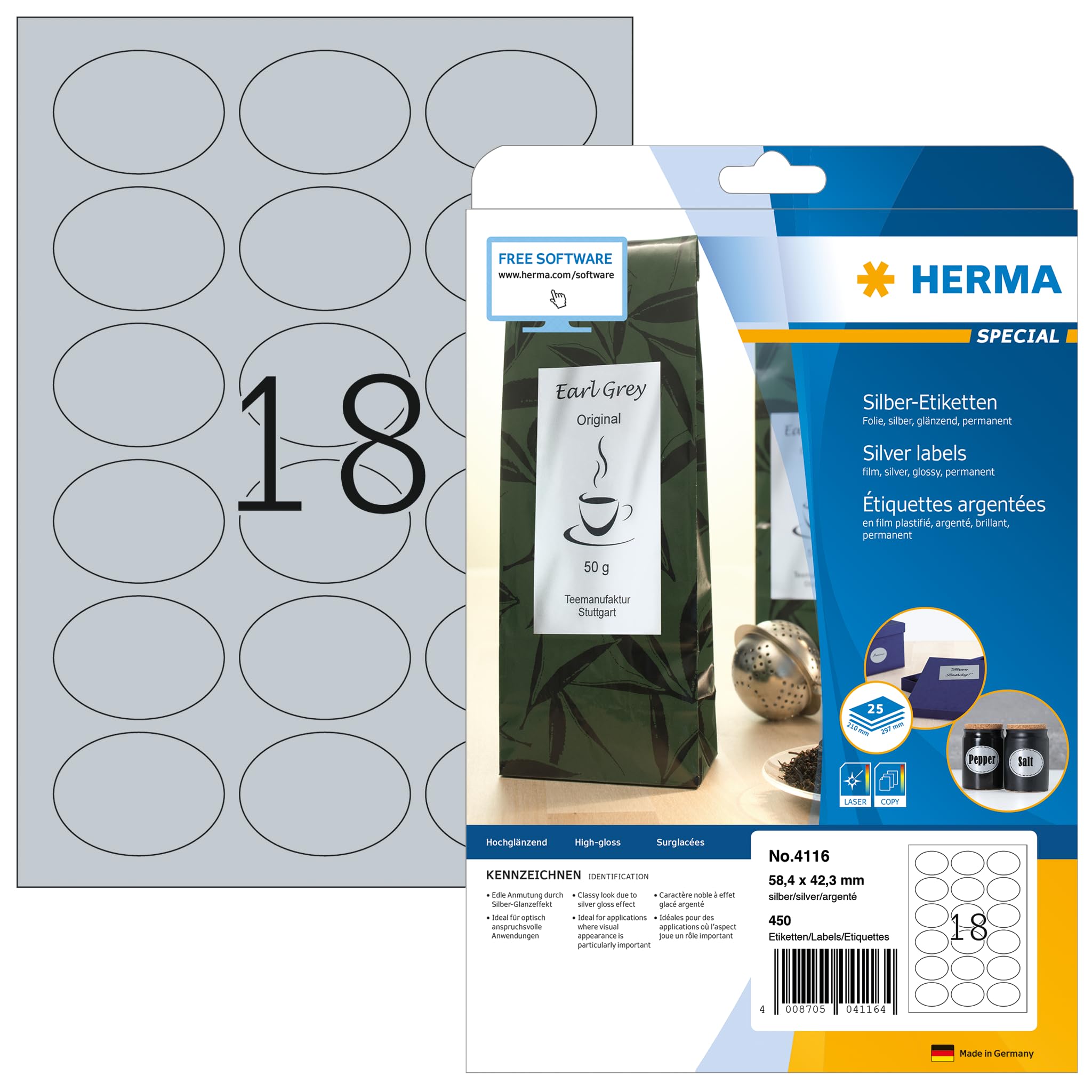 HERMA Etichette per Marcatura, 58,4 x 42,3 mm, Etichette Adesive A4 per Stampante, 18 Etichette per Foglio, Argento
