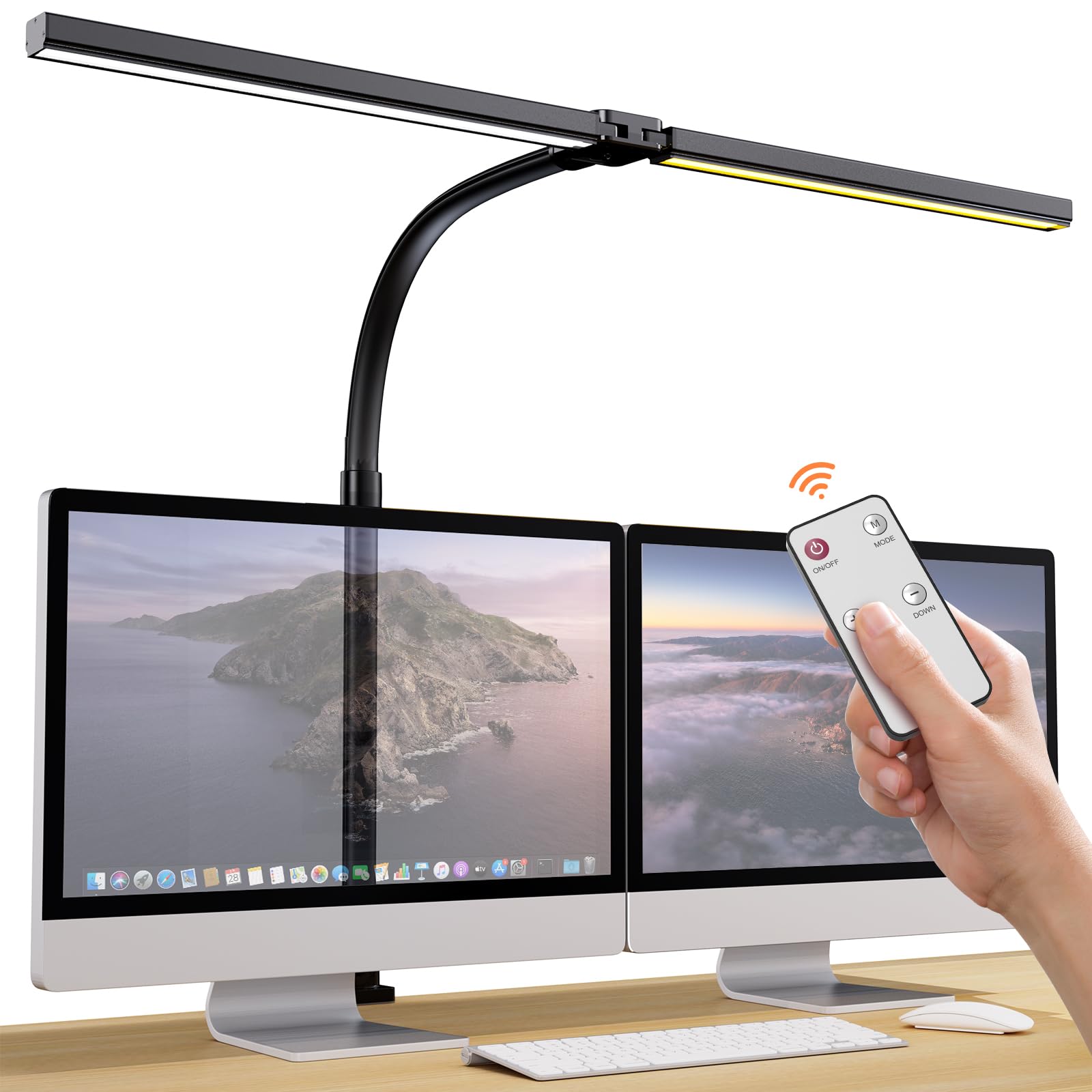 Tyonto Lámpara de escritorio de 1300 lm, doble cabeza, LED, regulable, mando a distancia, 24 W, 80 cm, con abrazadera, lámpara de mesa, lámpara de luz diurna, para oficina en casa, brazo giratorio,