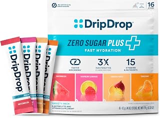 DripDrop Zero Sugar Plus Variety Pack: Sugar-Free Electrolyte Powder Sticks - Watermelon, Tangerine, Tropical Punch, Raspberry Lemonade - Vegan, Gluten-Free, 16 Count
