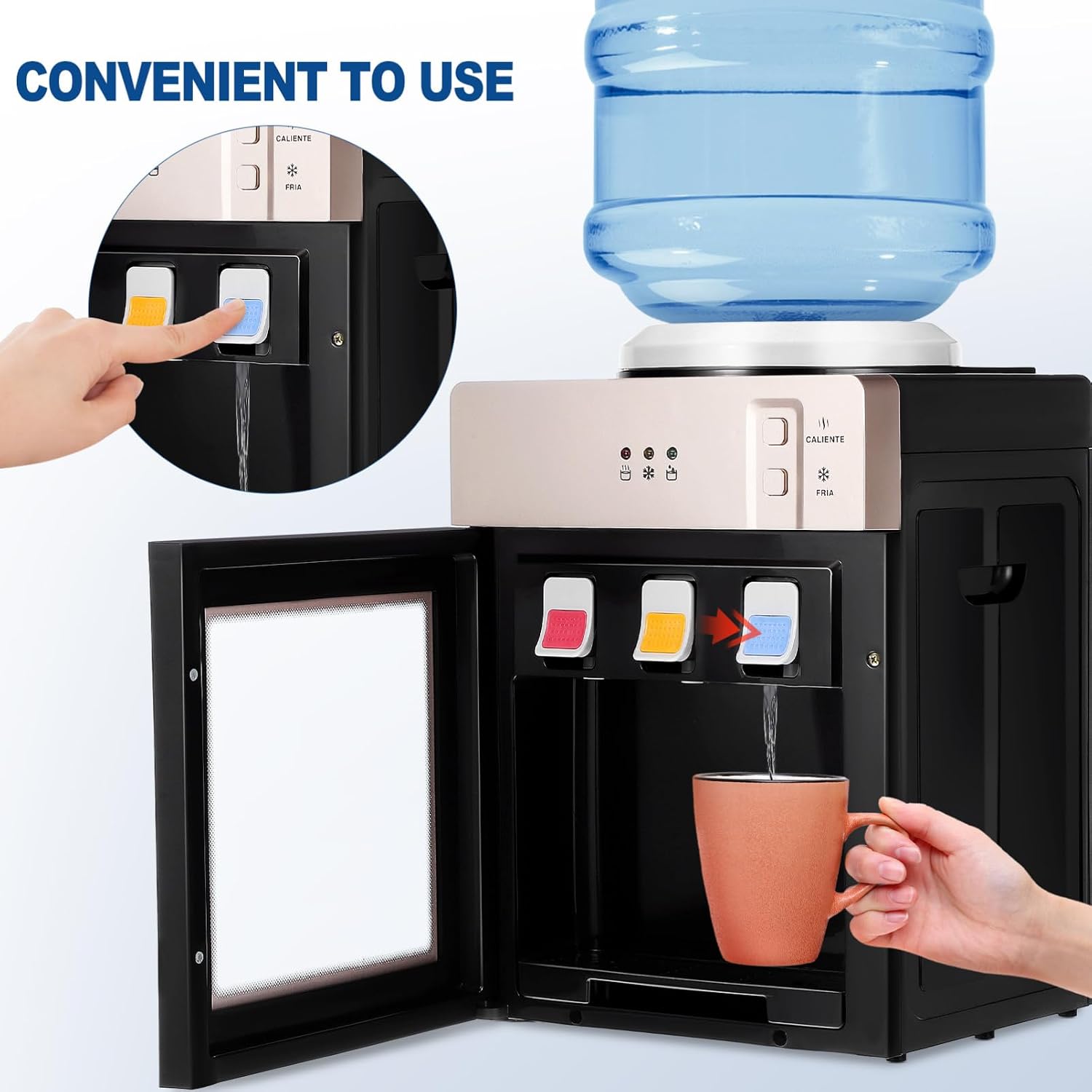 OSALADI Water Dispenser for Home Multifunctional Countertop Water Dispenser Hot Cold Options Compact and Stylish Design Easy One-Handed Detachable Tray for Effortless Cleaning
