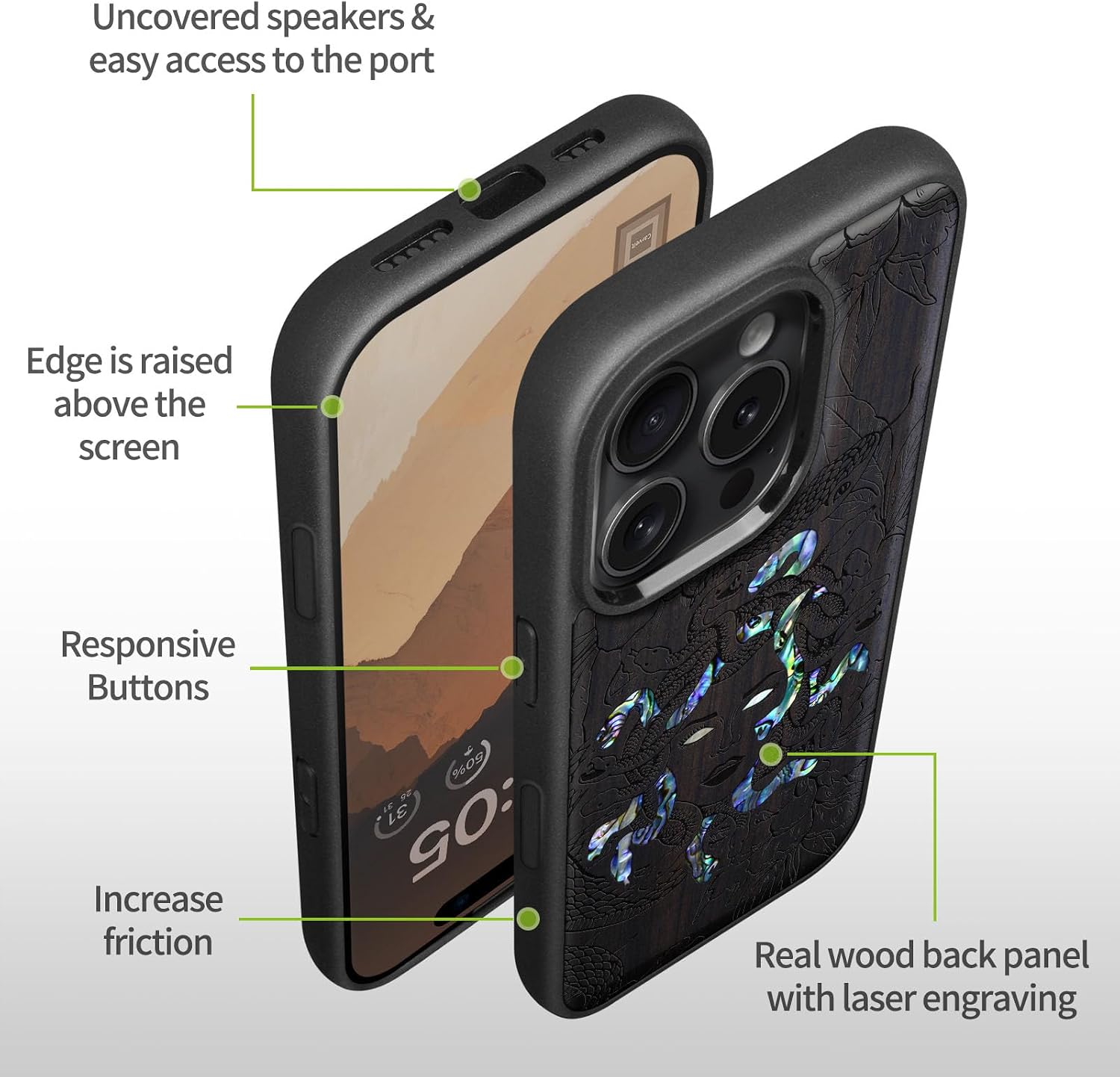 Carveit Magnetic Case for iPhone 16 Pro Case, Wood Artisan Engraved & Handmade Shell Inlaid, TPU Shockproof Cover, Compatible with MagSafe Wireless Chargers (The Medusa Enigma) Blackwood