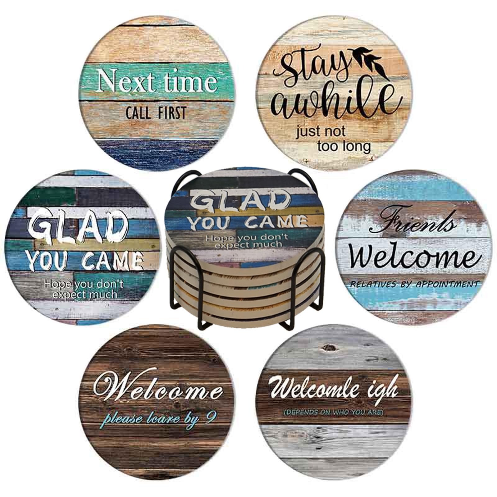 Bar Ceramic Cup Drink Coasters Set of 6 with Holder,Water Absorbent Round Monogram Cute Cool Morden Funny Unique,for Wine Bottle Table Desk Farmhouse Office