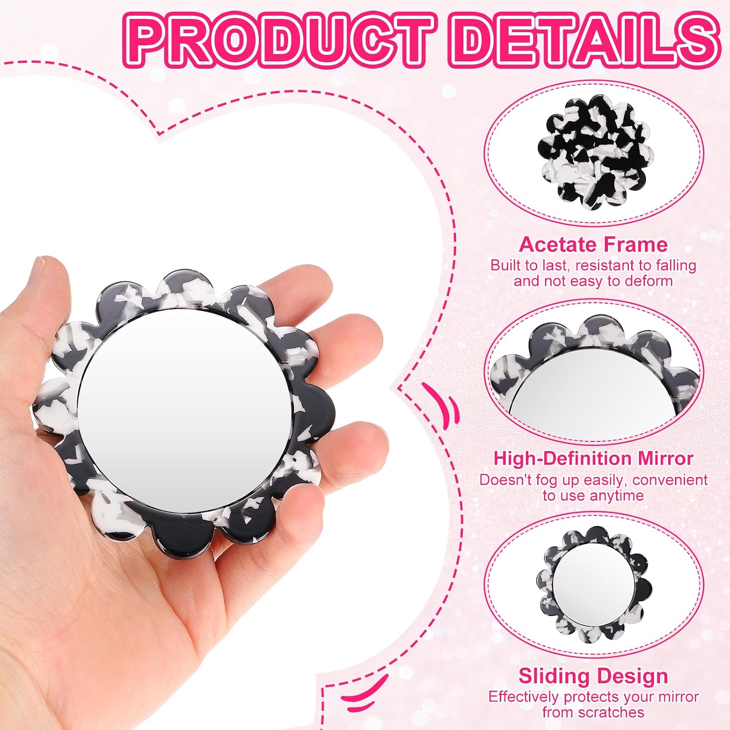 uxcell Compact Vintage Sunflower Pocket Makeup Mirror Black/White image 3