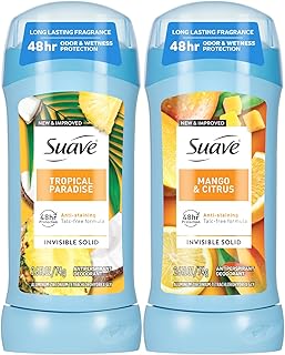 Suave Antiperspirant Deodorant for Women, Tropical Paradise + Mango & Citrus Variety 2-Pack – Anti-Staining Invisible Solid Sticks, Talc-Free, 2.6 Oz Ea