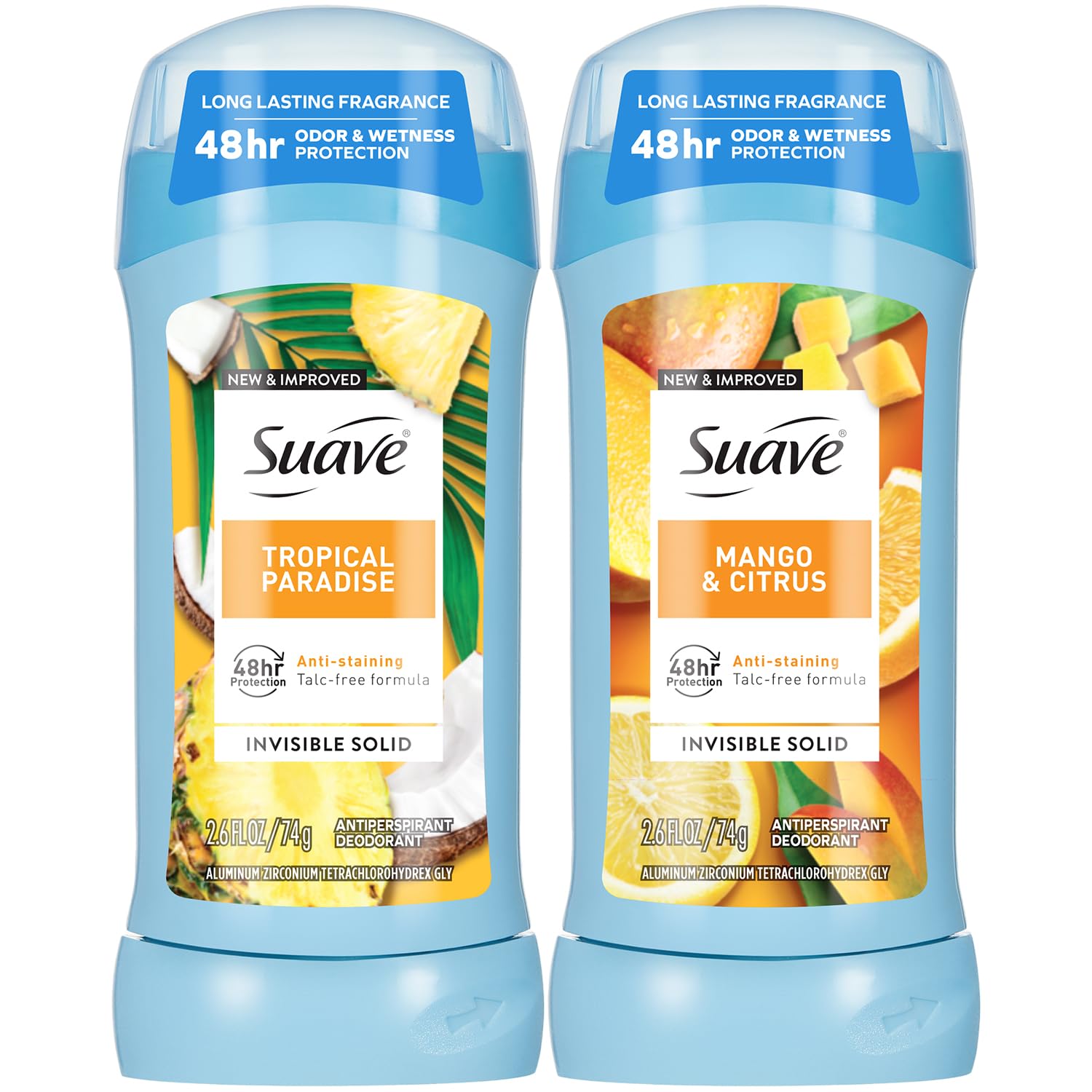 Suave Antiperspirant Deodorant for Women, Tropical Paradise + Mango & Citrus Variety 2-Pack – Anti-Staining Invisible Solid Sticks, Talc-Free, 2.6 Oz Ea